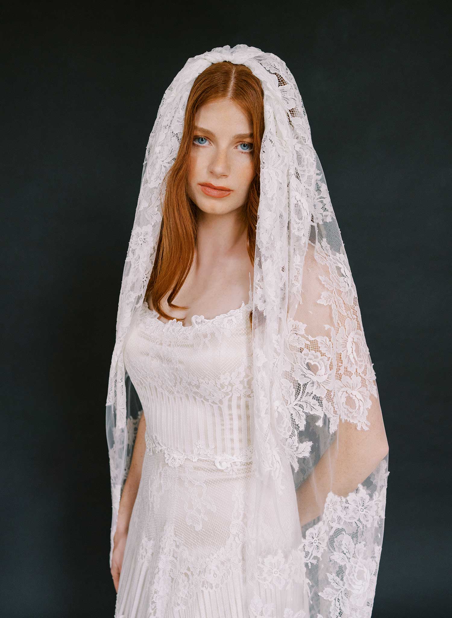 Columnar French lace, floral short chapel veil - Style #2644