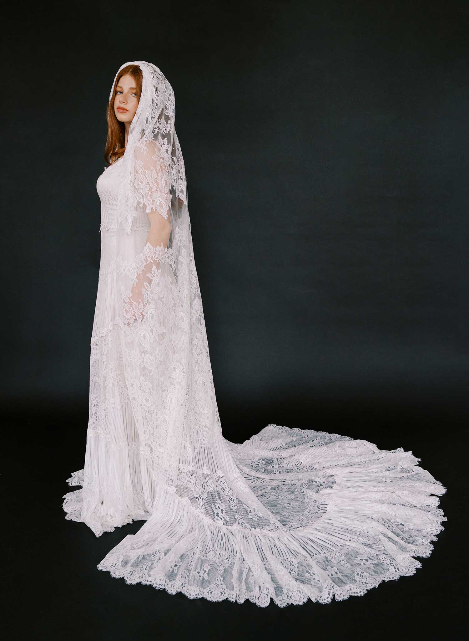 Columnar French lace, floral short chapel veil - Style #2644