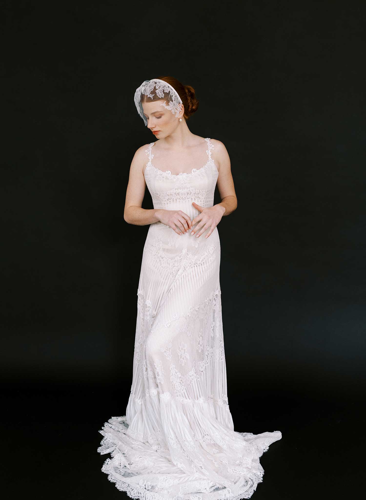 Tulle with French lace bridal headband veil - Style #2645