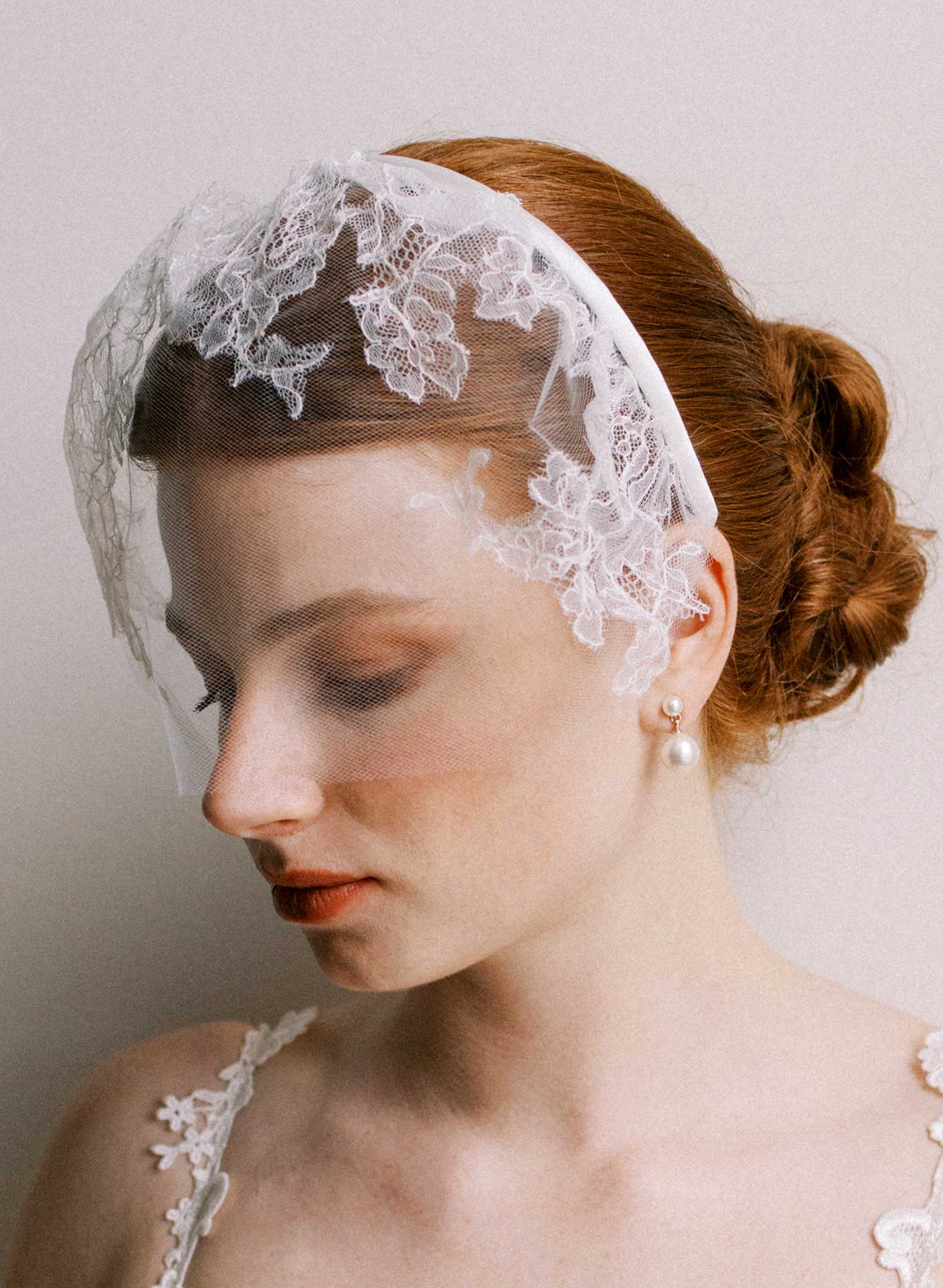 Tulle with French lace bridal headband veil - Style #2645