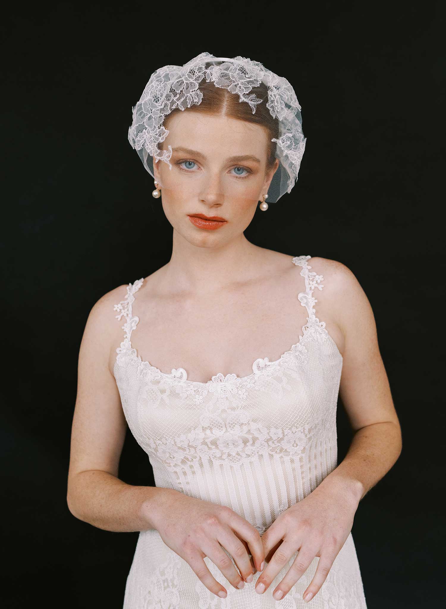 Tulle with French lace bridal headband veil - Style #2645