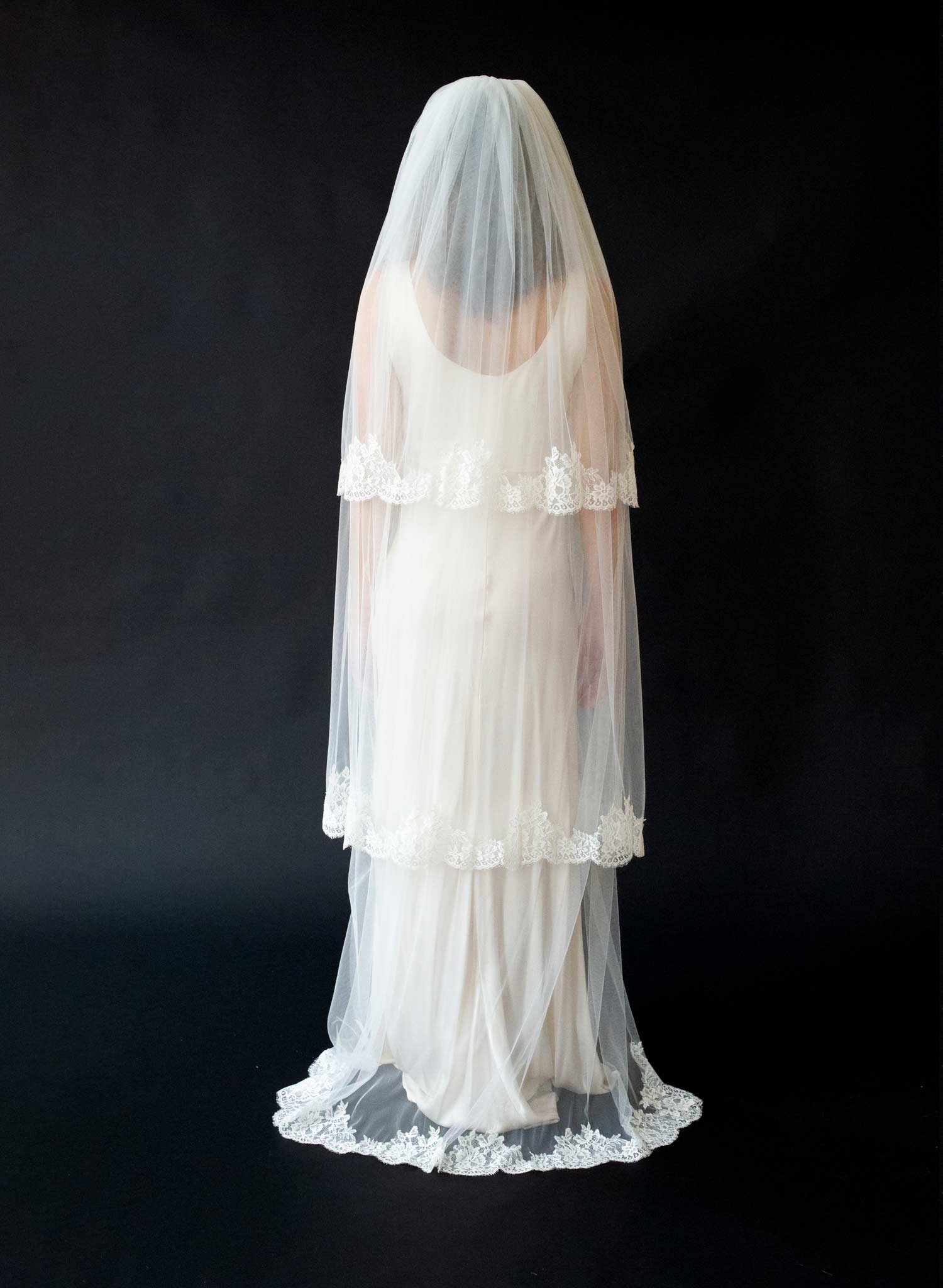 Triple tier French lace bridal veil with pearls - Style #2646