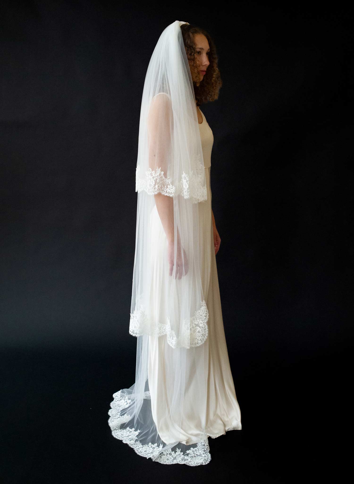 Triple tier French lace bridal veil with pearls - Style #2646