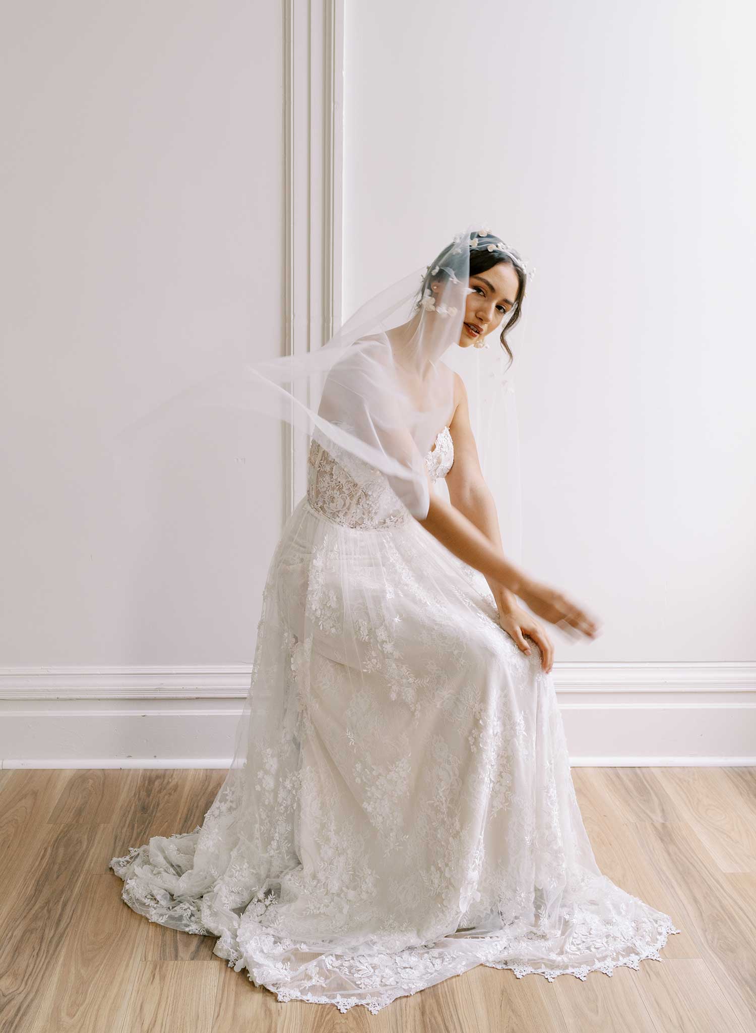 Hand sculpted clay and silk florals train veil - Style #2647