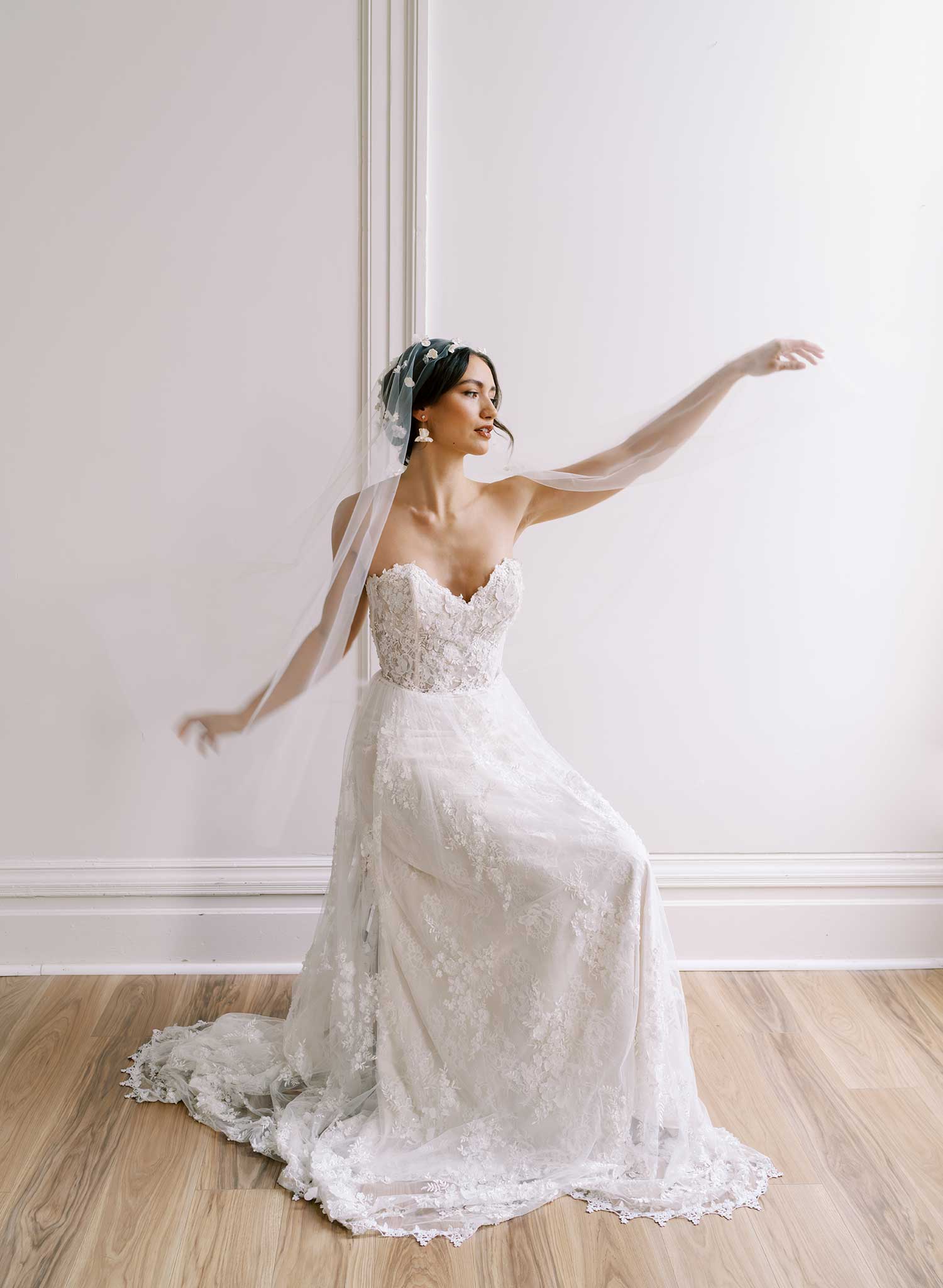 Hand sculpted clay and silk florals train veil - Style #2647