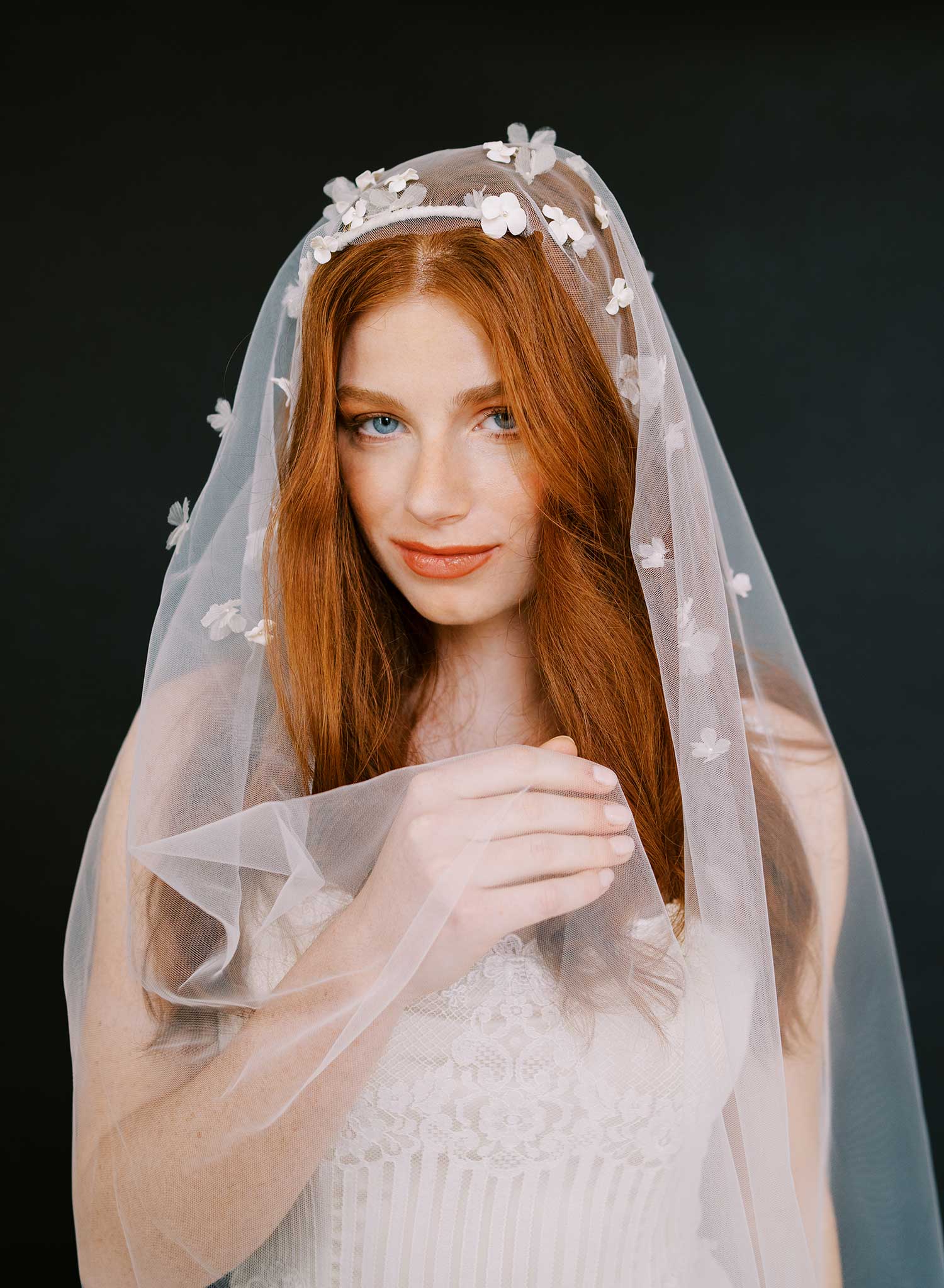 Hand sculpted clay and silk florals train veil - Style #2647