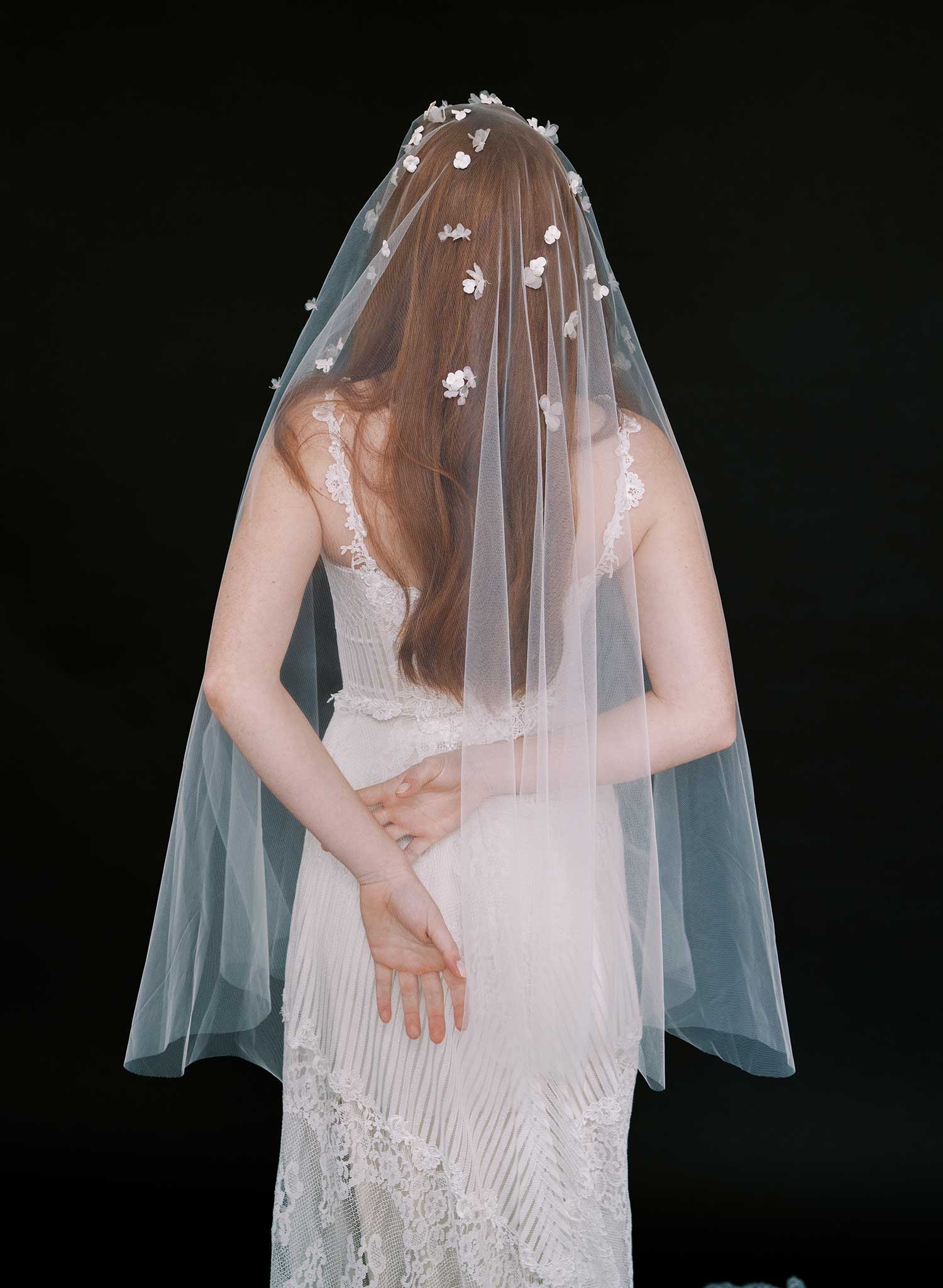 Hand sculpted clay and silk florals train veil - Style #2647