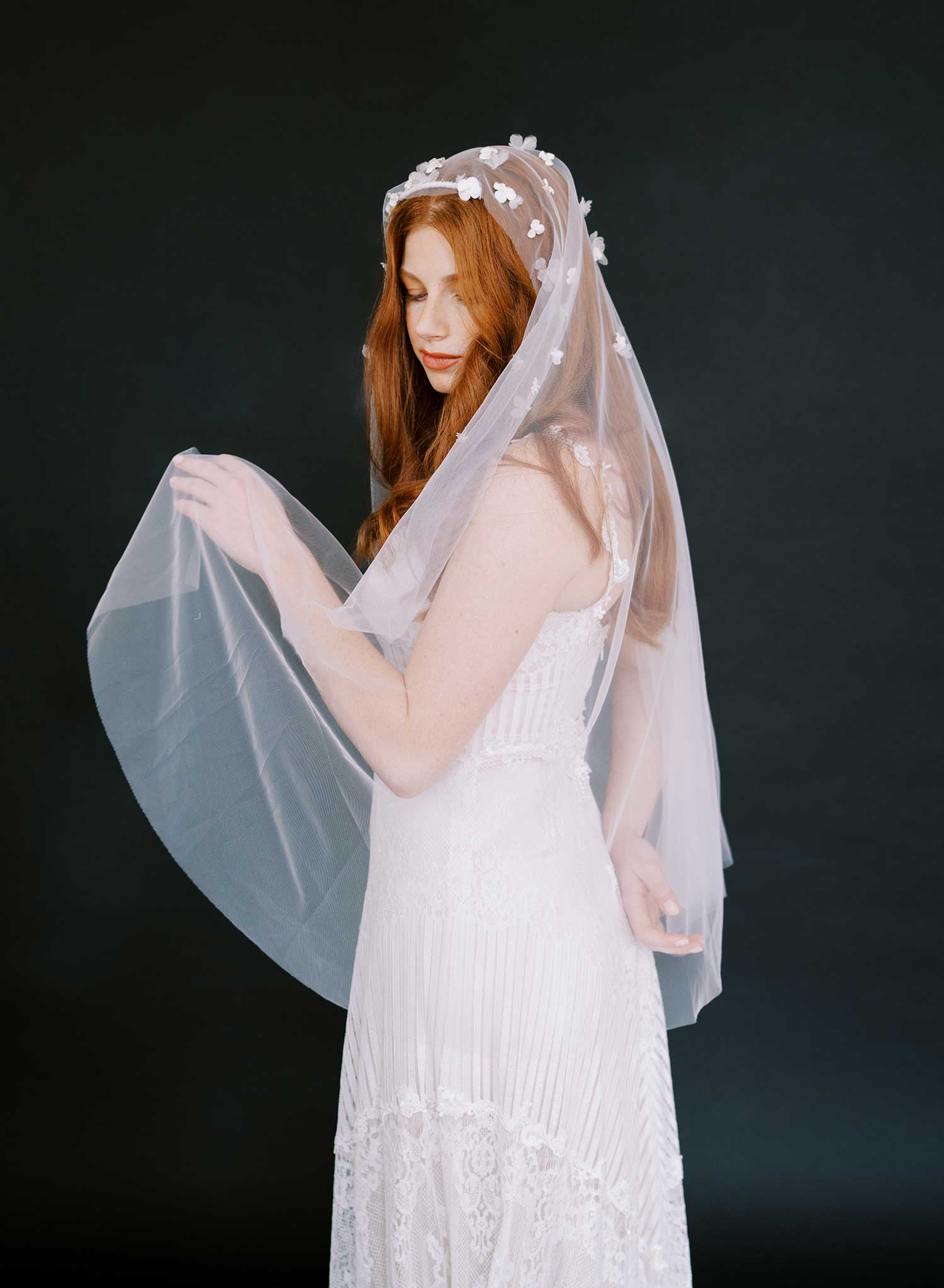 Hand sculpted clay and silk florals train veil - Style #2647