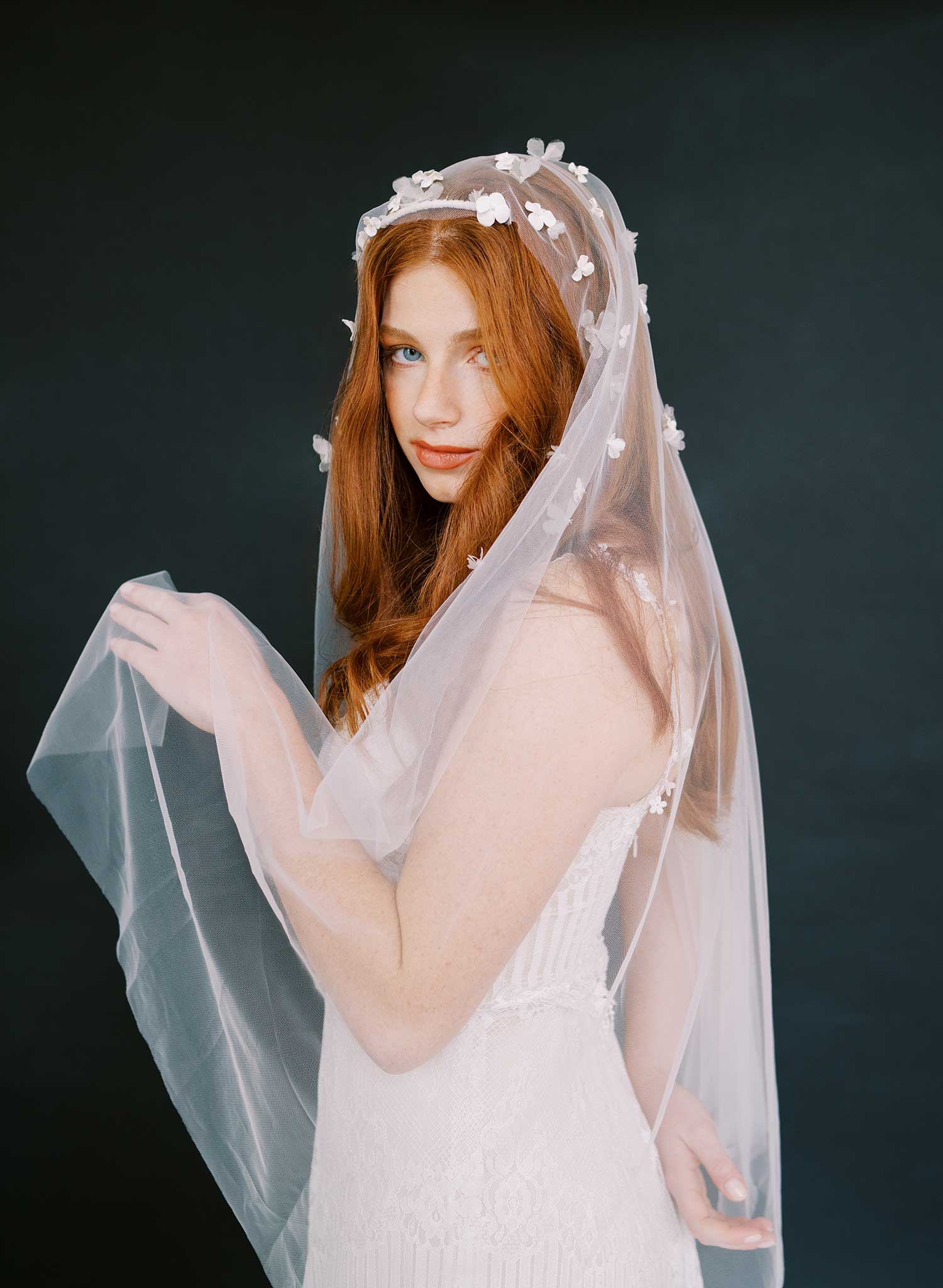 Hand sculpted clay and silk florals train veil - Style #2647