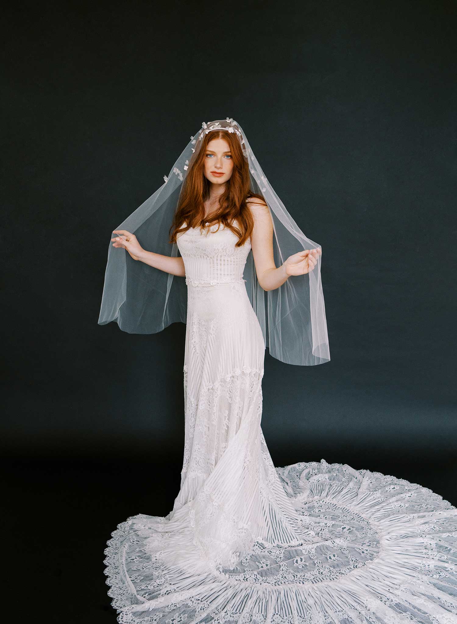 Hand sculpted clay and silk florals train veil - Style #2647