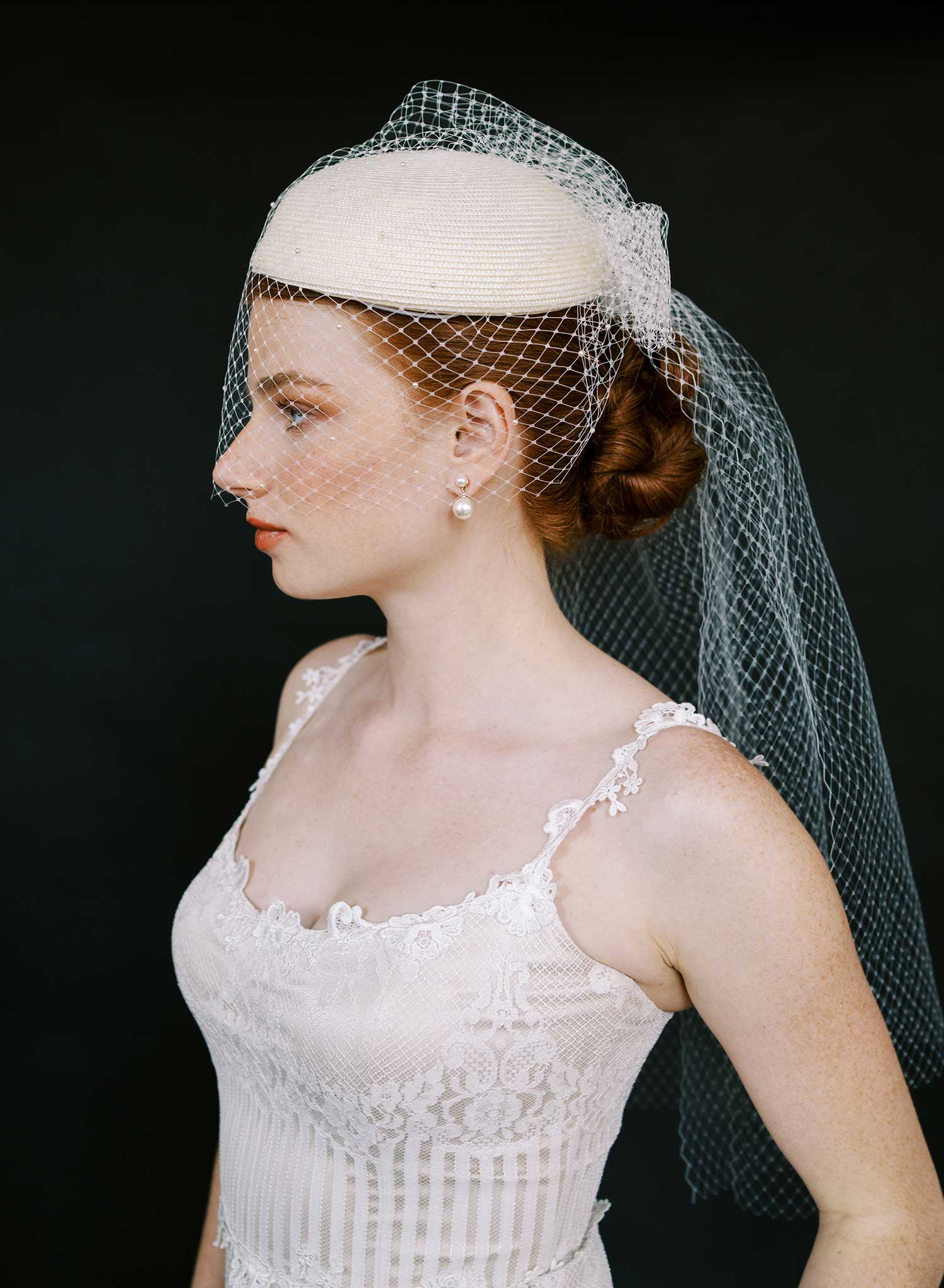 Straw pillbox bridal hat with birdcage veil - Style #2650