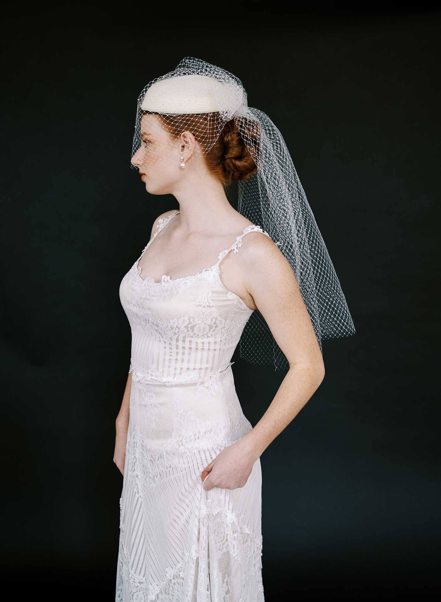 Straw pillbox bridal hat with birdcage veil - Style #2650
