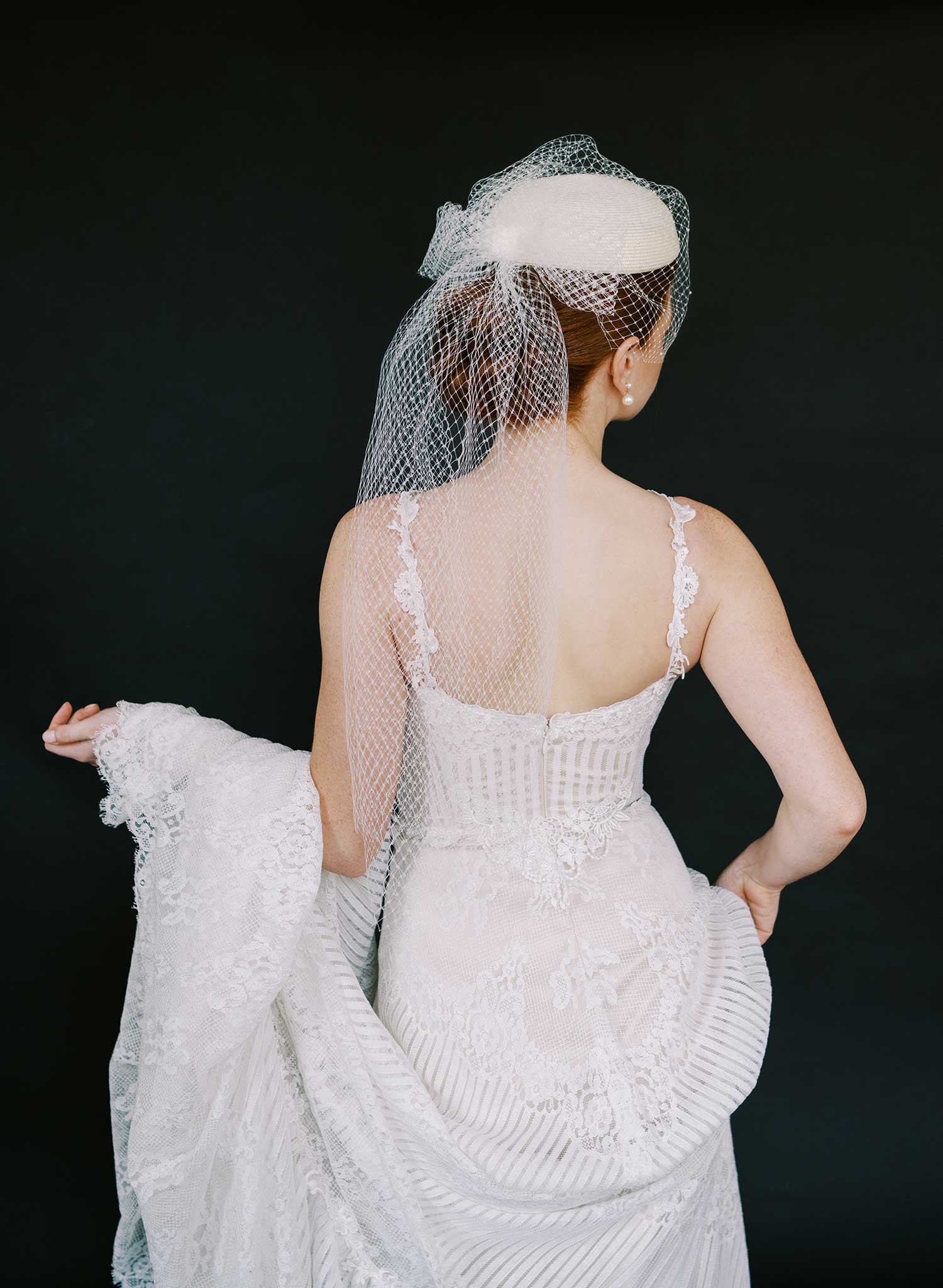 Straw pillbox bridal hat with birdcage veil - Style #2650