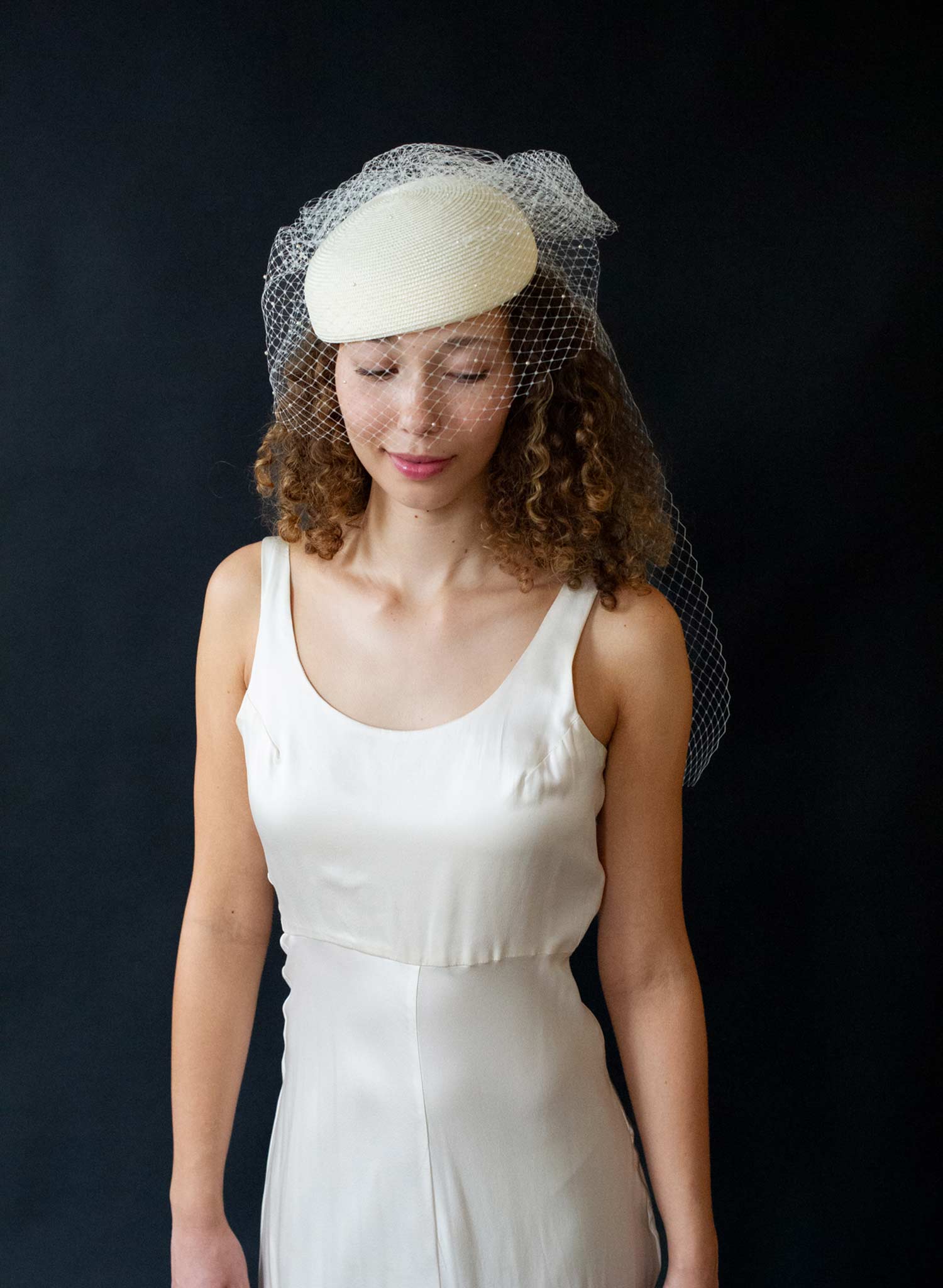 Straw pillbox bridal hat with birdcage veil - Style #2650