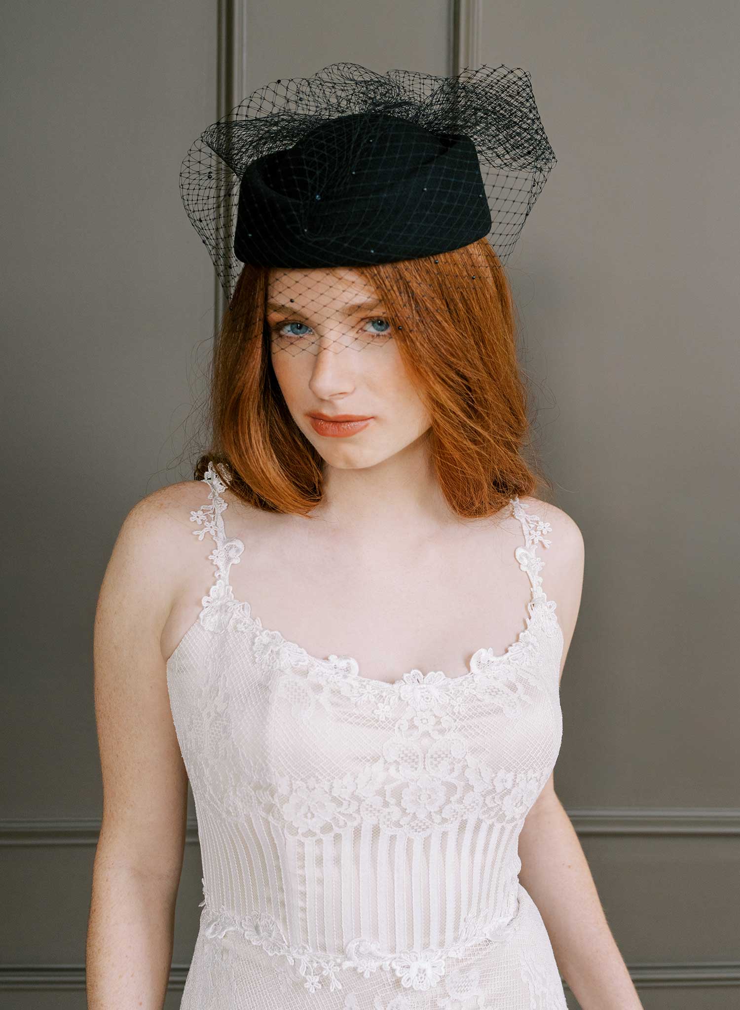 Bridal pillbox hat with pearl speckled veil - Style #2675