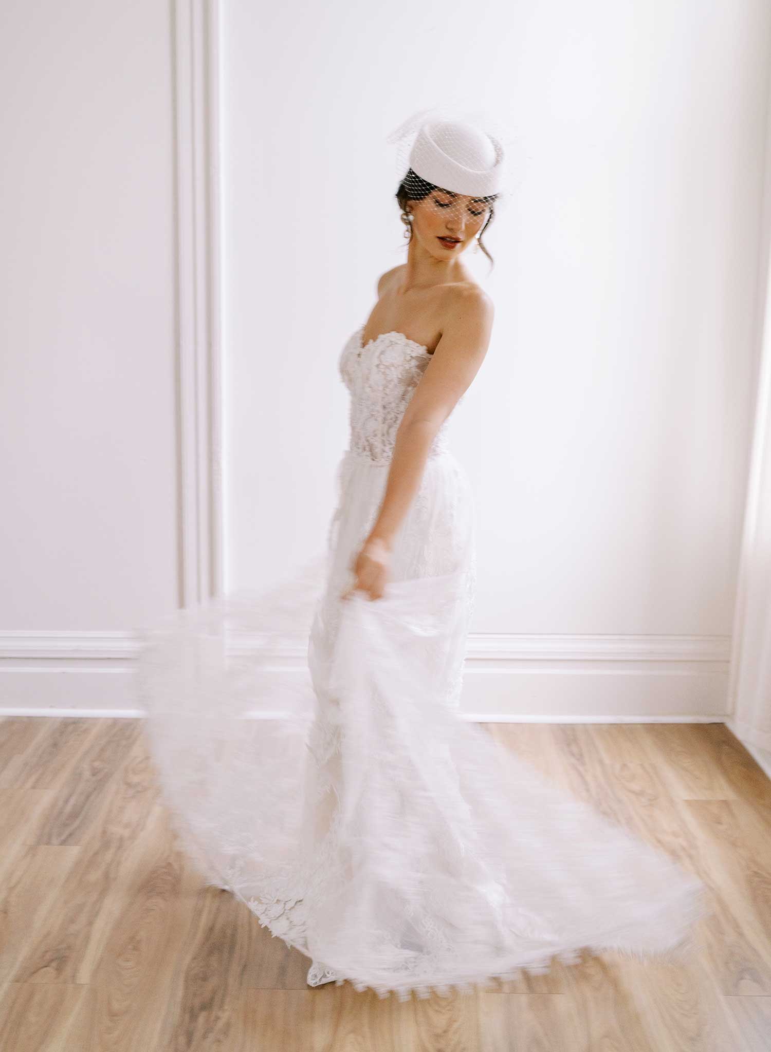 Bridal pillbox hat with pearl speckled veil - Style #2675