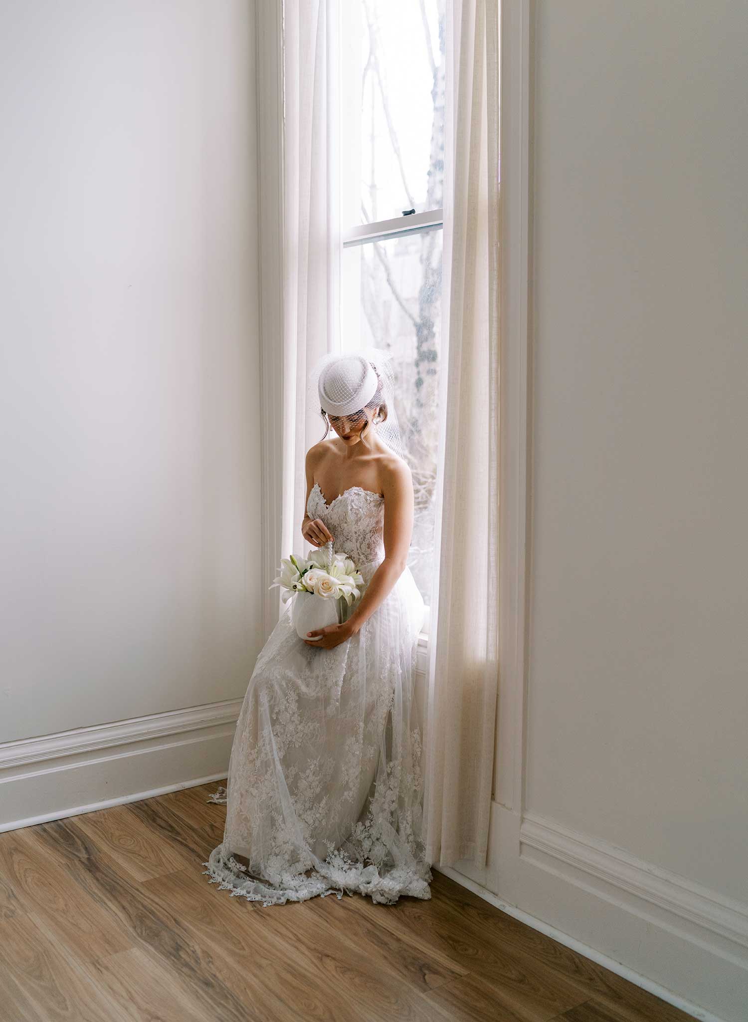 Bridal pillbox hat with pearl speckled veil - Style #2675