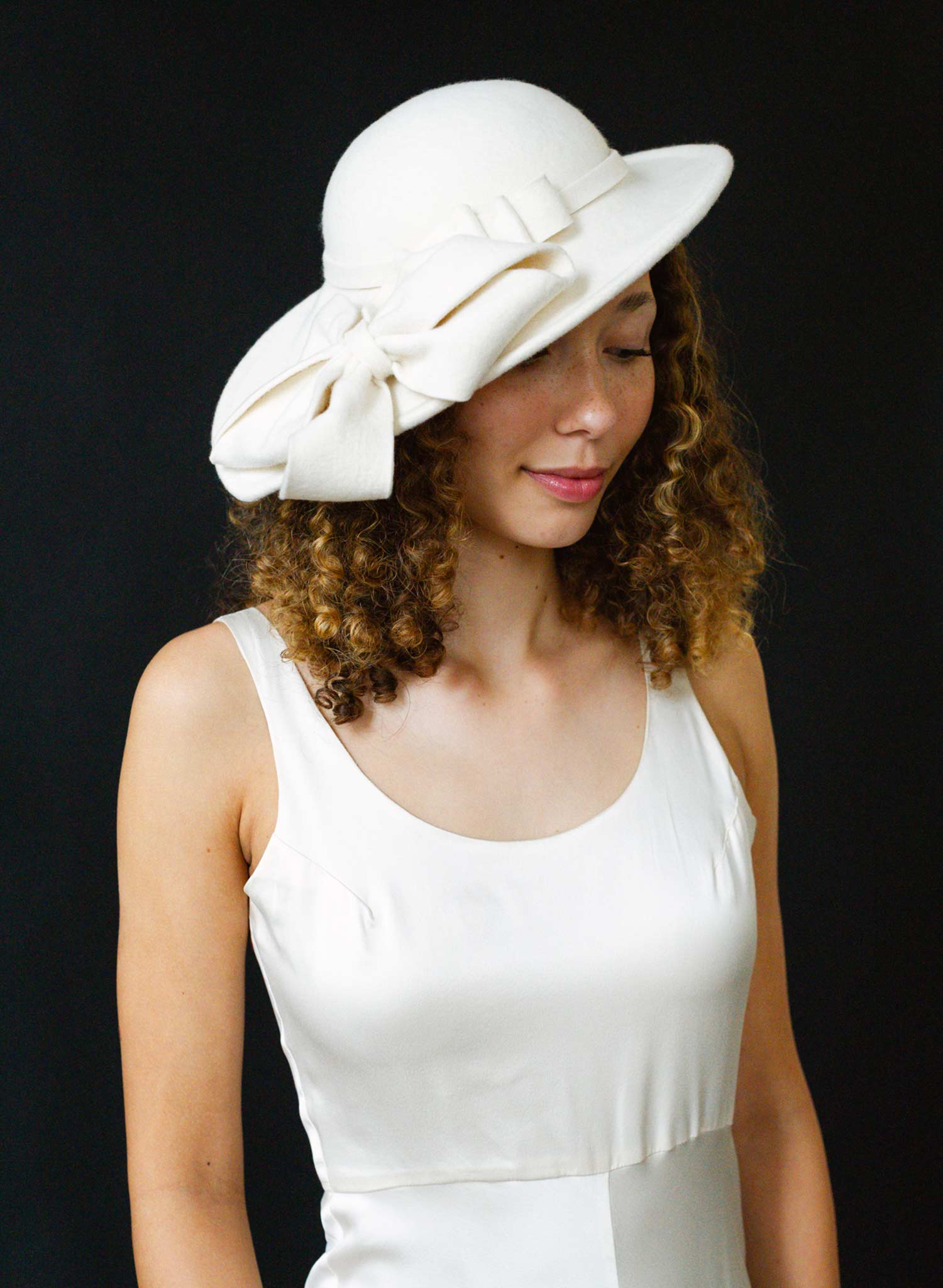 Bridal sloping wool hat with cascading bows - Style #2677