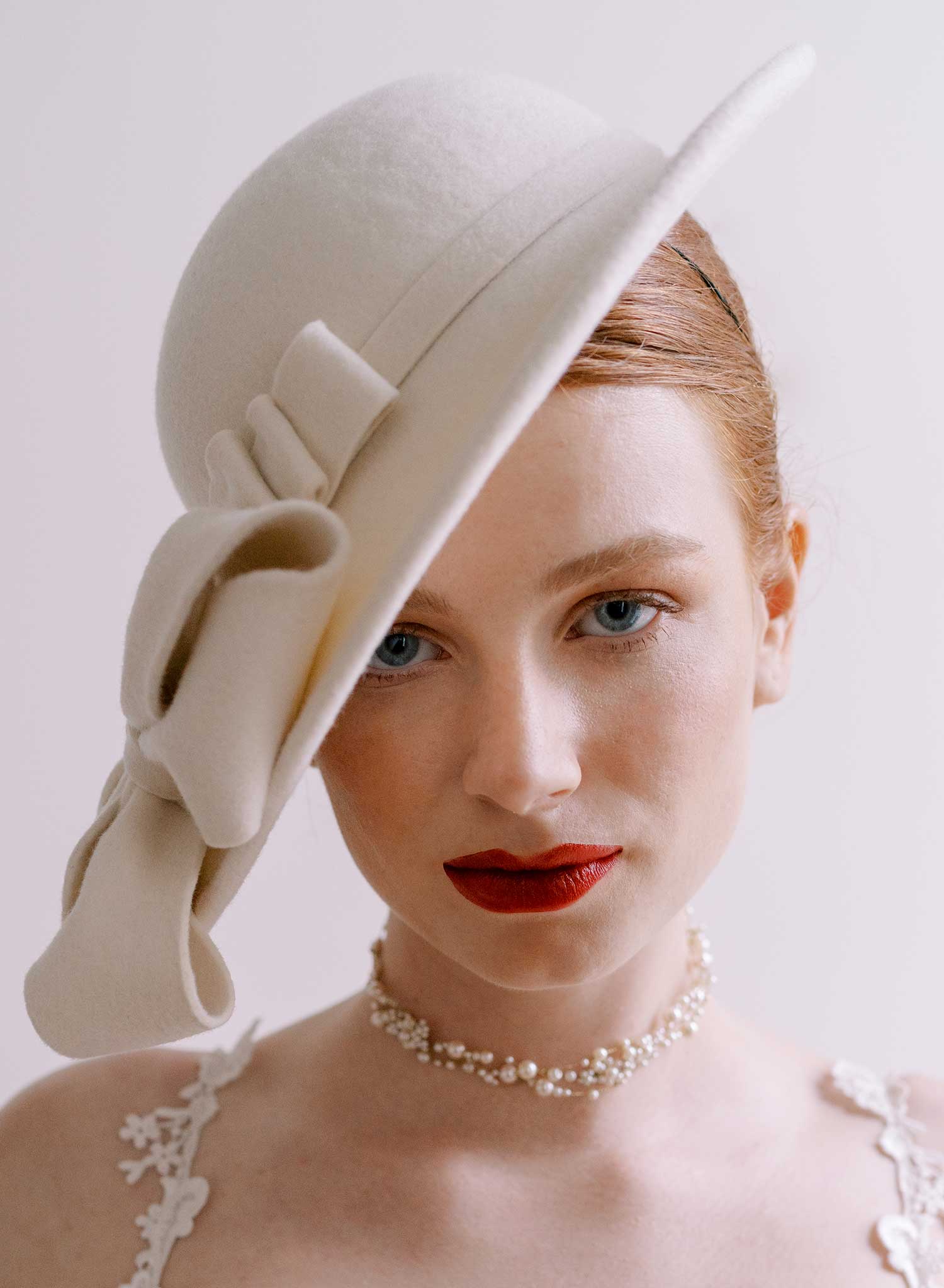 Bridal sloping wool hat with cascading bows - Style #2677