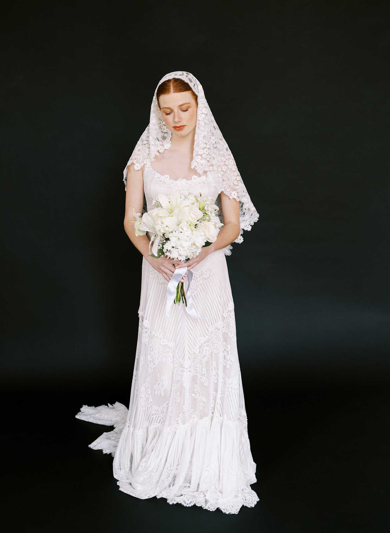 Allover dense floral lace juliet veil - Style #2684