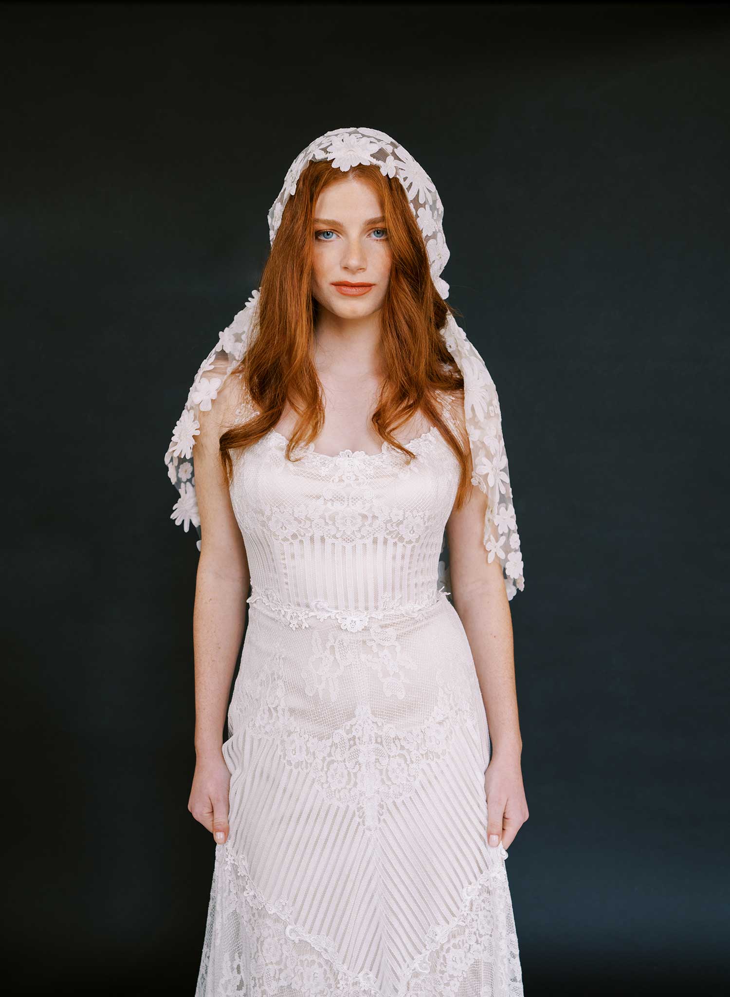 Bold florals lace juliet bridal veil - Style #2685