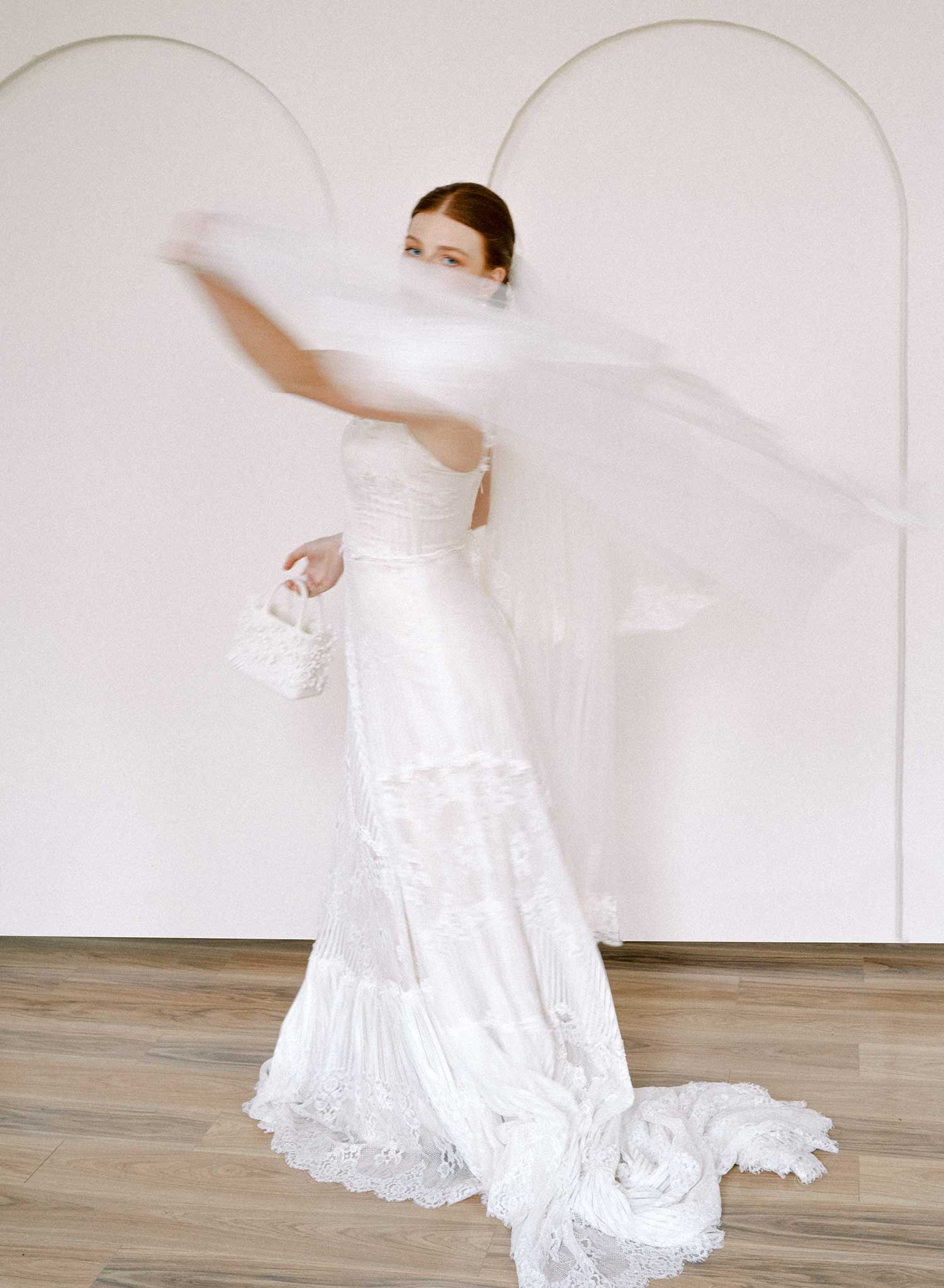 Triple tier French lace bridal veil with pearls - Style #2646