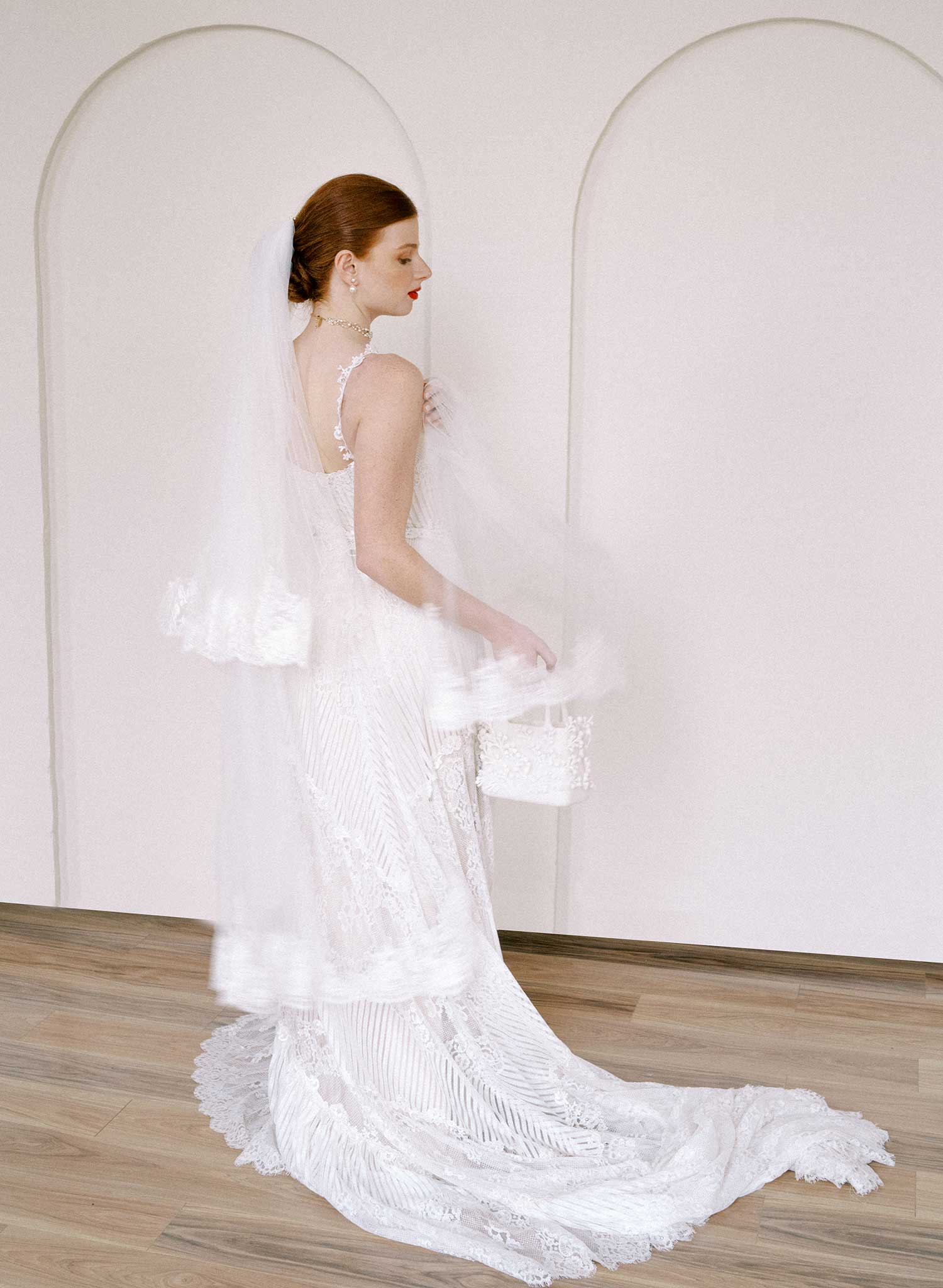 Triple tier French lace bridal veil with pearls - Style #2646