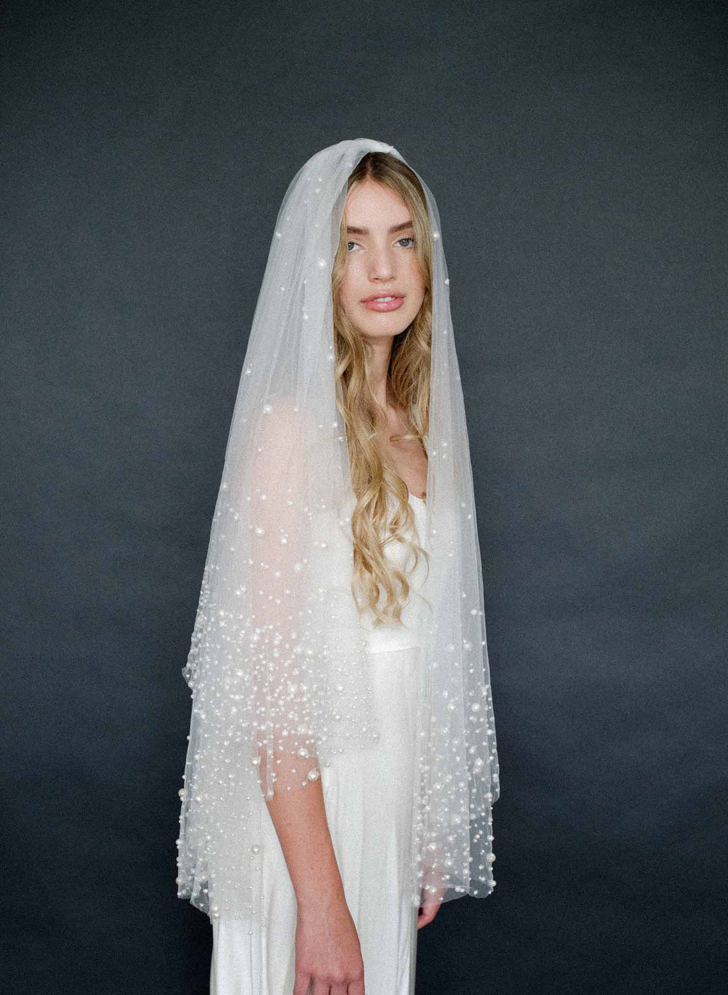 Twigs & Honey Pearl Bridal Veil - Evenly Spaced Small Pearl Veil - Style #969 Light Ivory / 26 Blusher