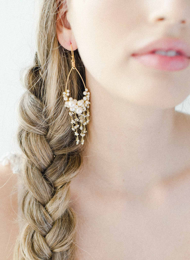 pearl chandelier earrings, gold, handmade, jewelry, twigs and honey