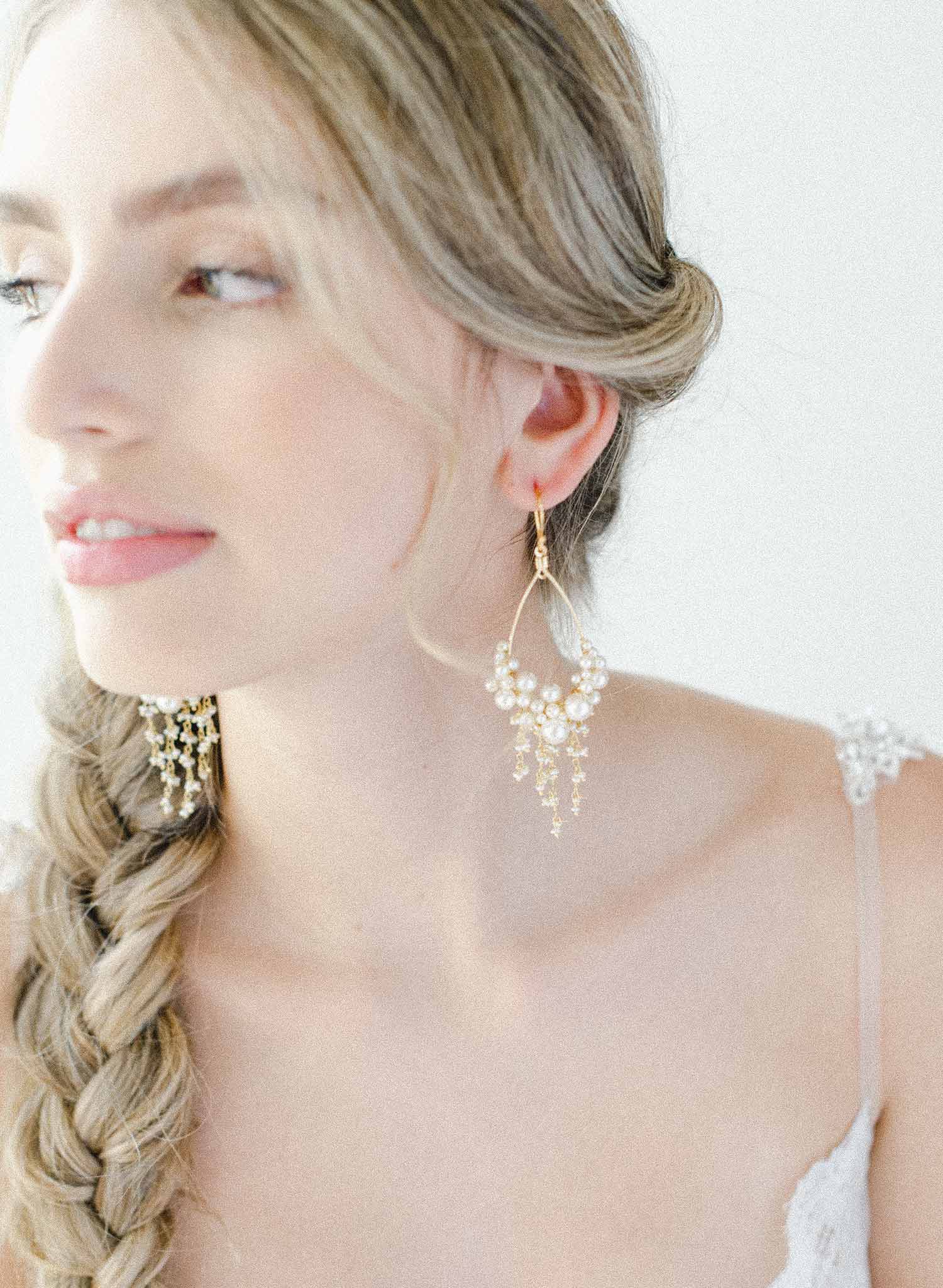 pearl chandelier earrings, gold, handmade, jewelry, twigs and honey