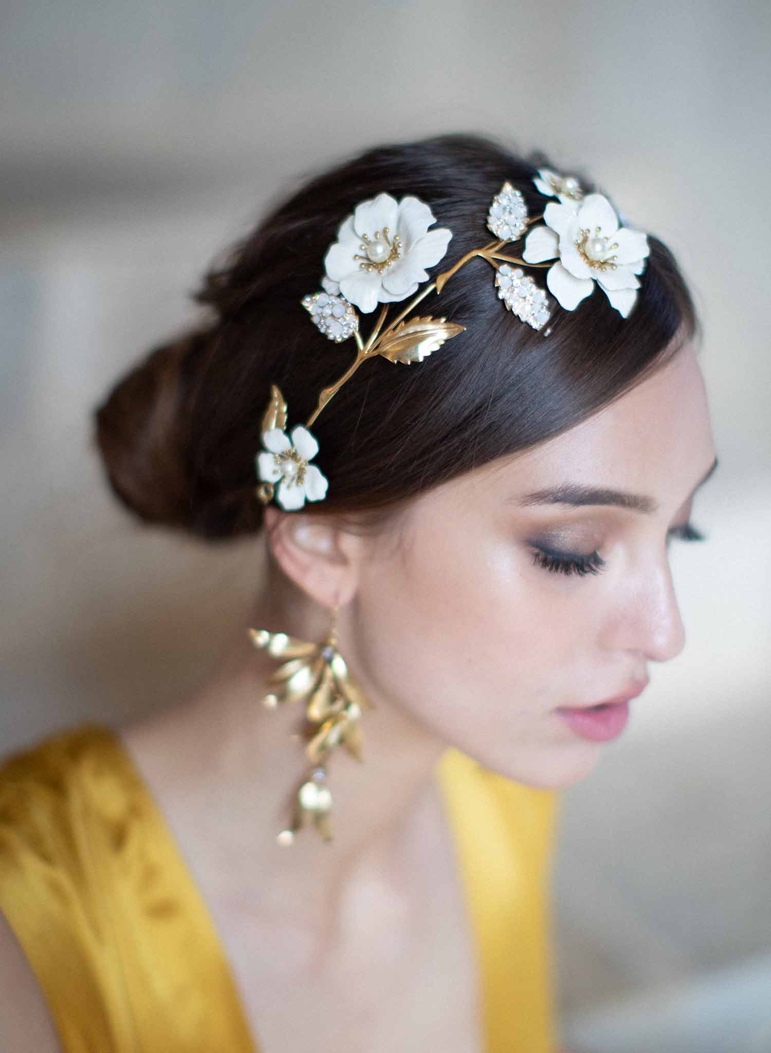 Romantic Wedding Headband with Hand Painted Porcelain Flowers