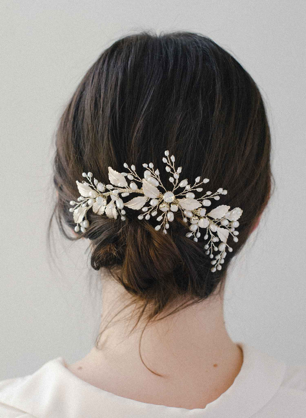 Bendable Pearl Crystal Hair Comb Leaf Wedding Hairpiece Whimsical pearl bridal headband - Pearl burst and silk  main image 4