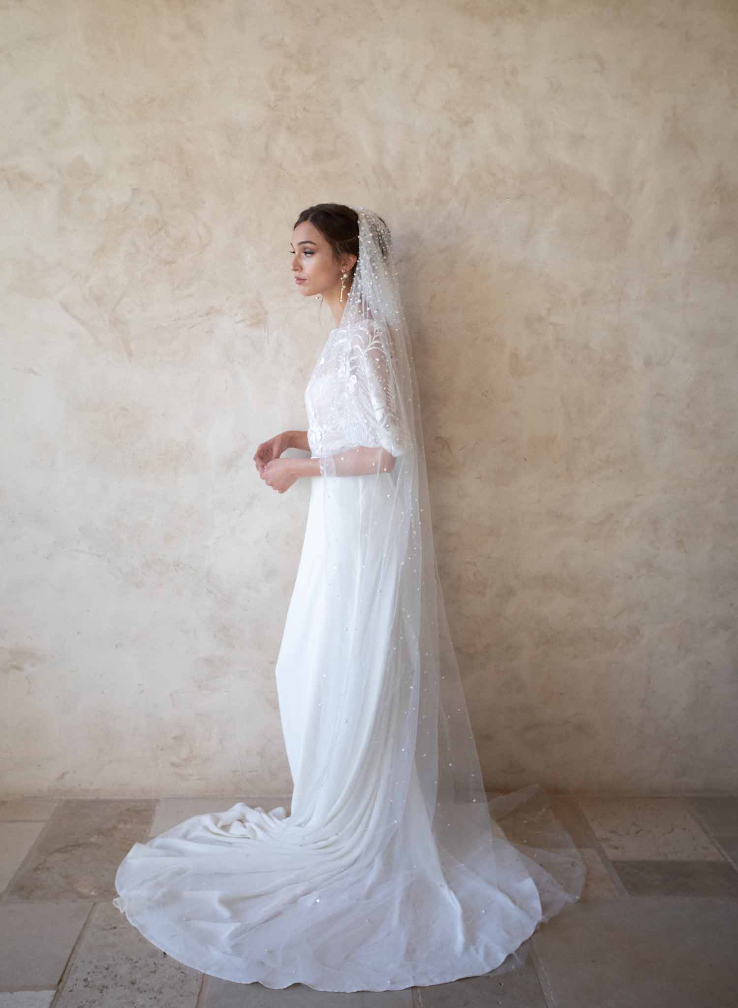 pearl bridal train veil, twigs & honey, wedding veil