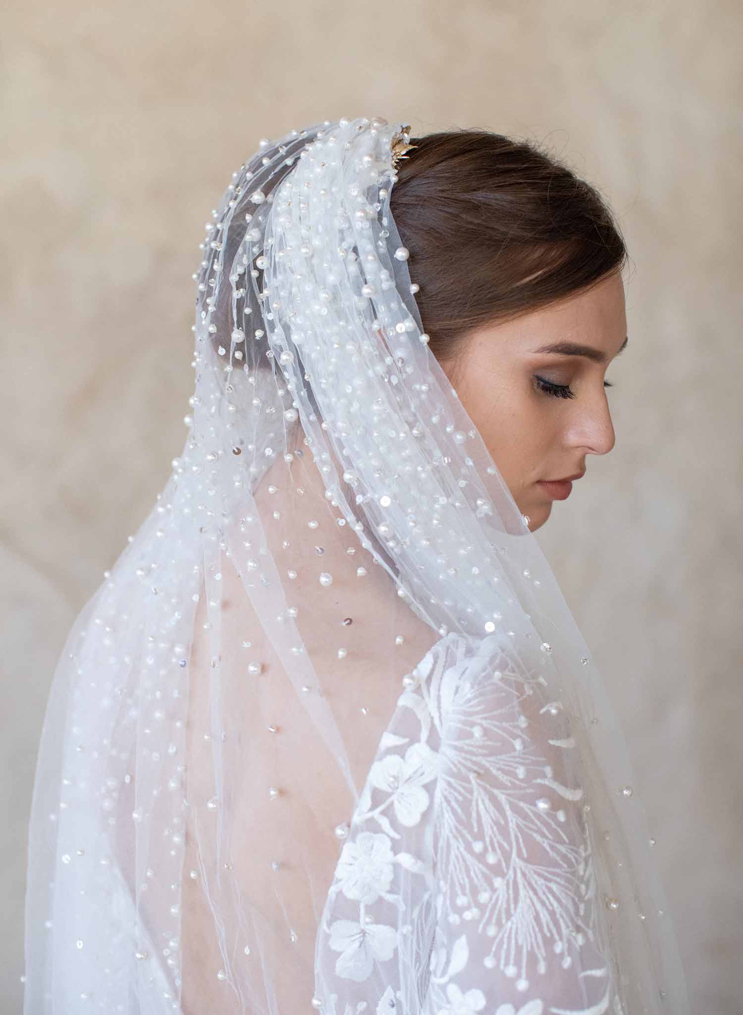 pearl bridal train veil, twigs & honey, wedding veil