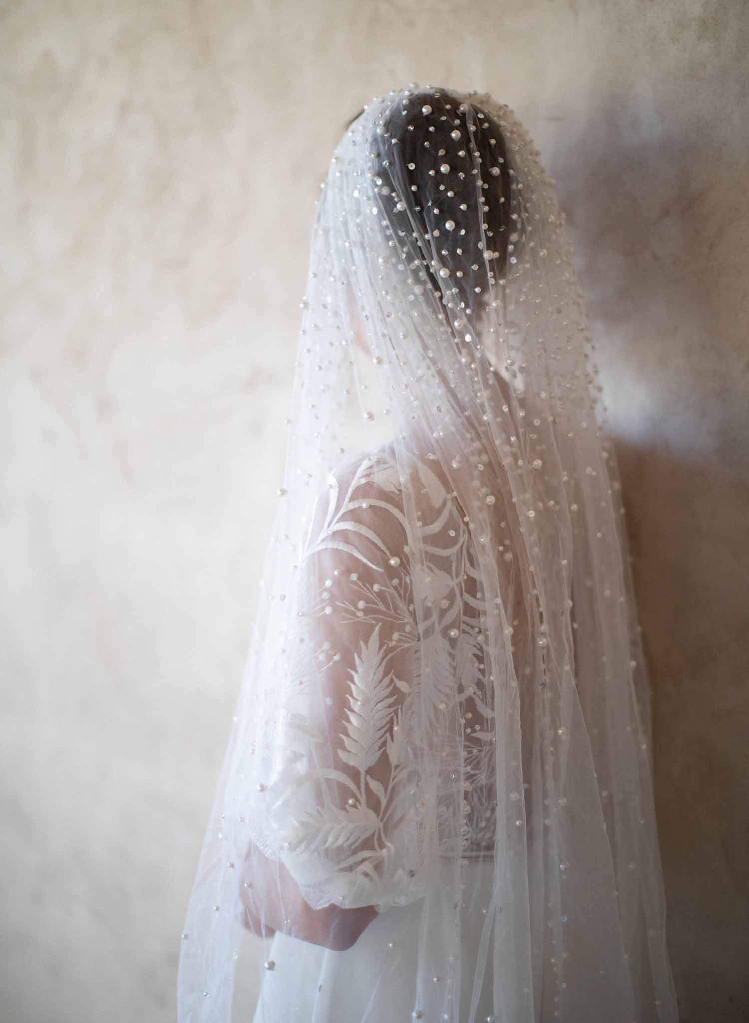 pearl bridal train veil, twigs & honey, wedding veil