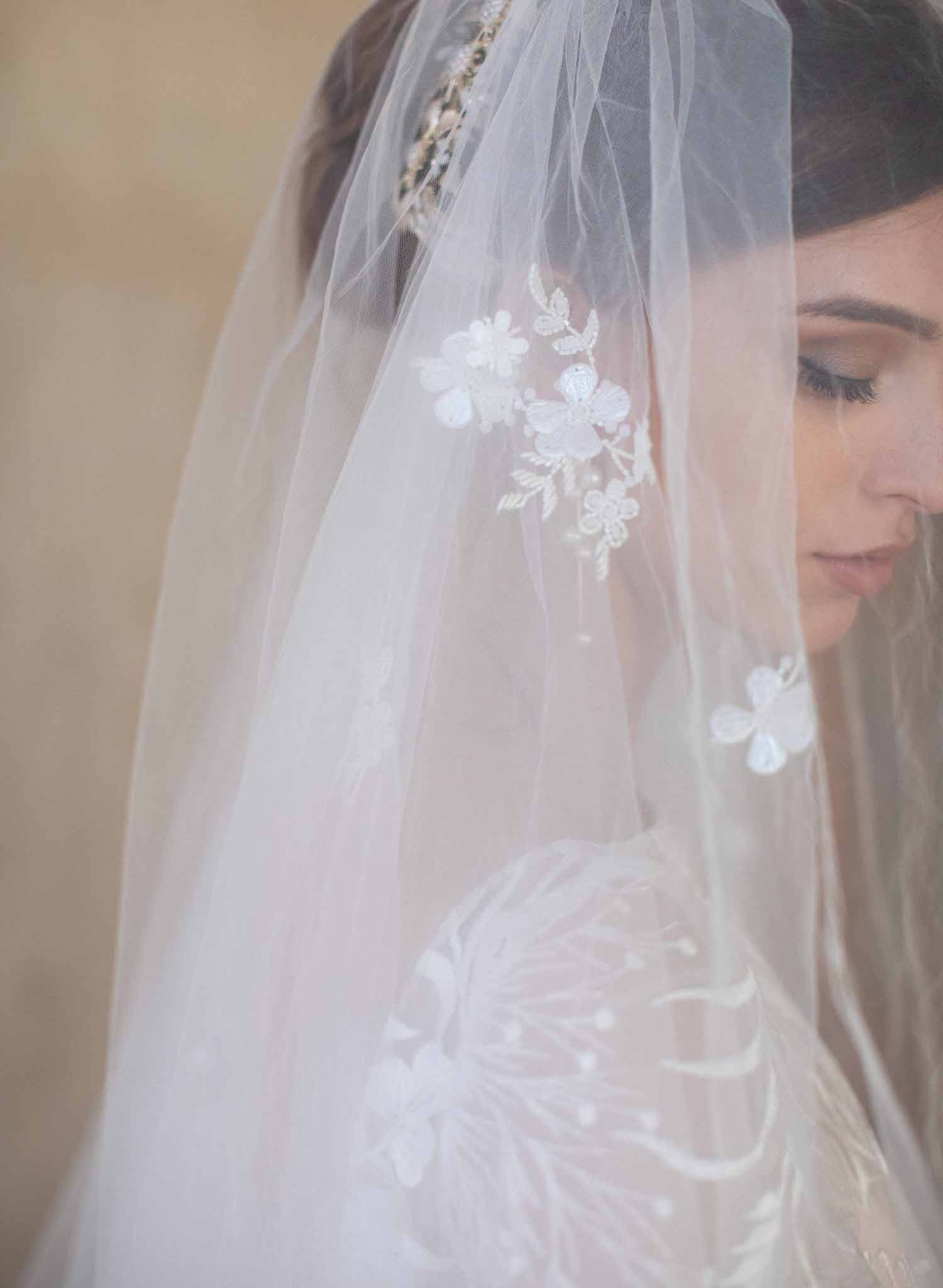 Twigs & Honey Cathedral Train Veil, Bridal Floral Veil - Floral Embroidered Bridal Train Veil, Cathedral - Style #2390