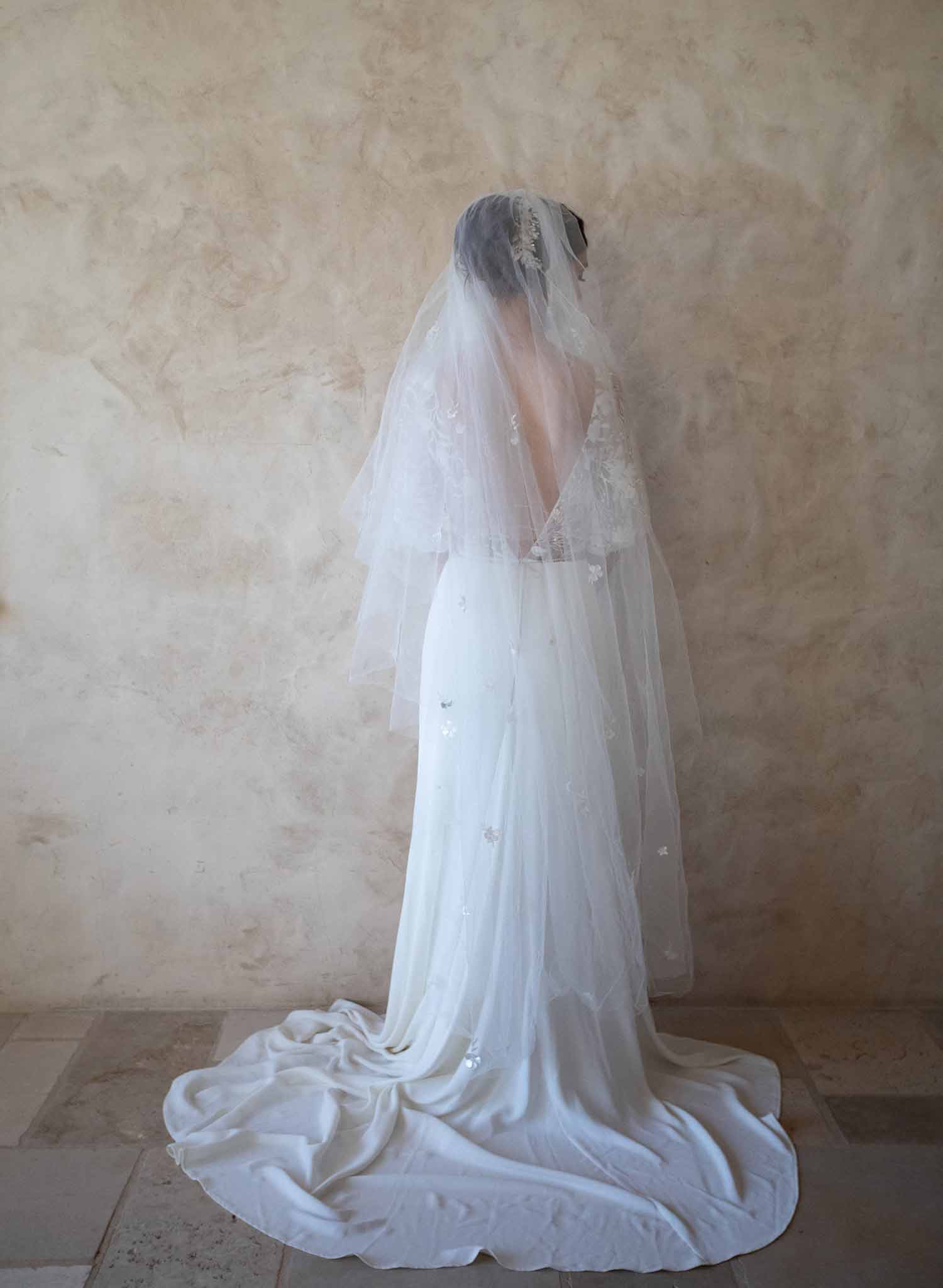 Twigs & Honey Cathedral Train Veil, Bridal Floral Veil - Floral Embroidered Bridal Train Veil, Cathedral - Style #2367