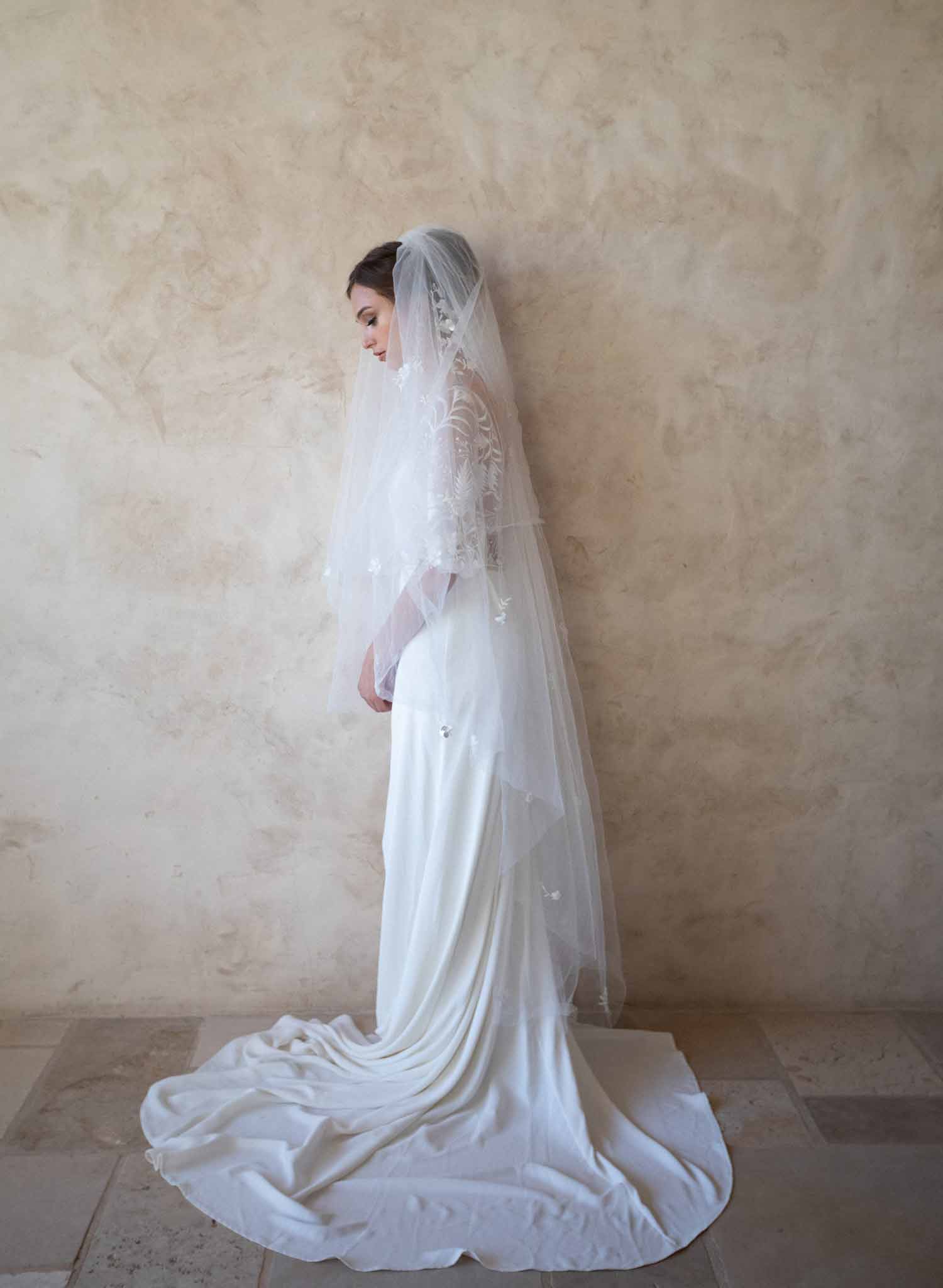 Twigs & Honey Cathedral Train Veil, Bridal Floral Veil - Floral Embroidered Bridal Train Veil, Cathedral - Style #2367