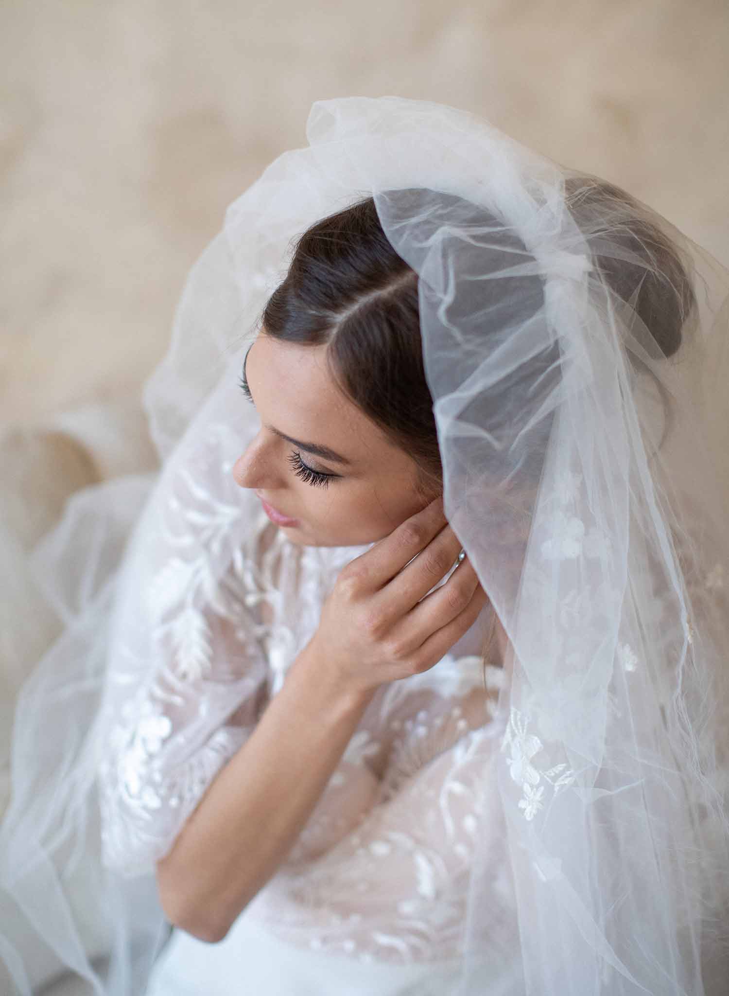 Twigs & Honey Short Bridal Flower Veil with Blusher - Floral Embroidered Short Veil with Blusher - Style #2361