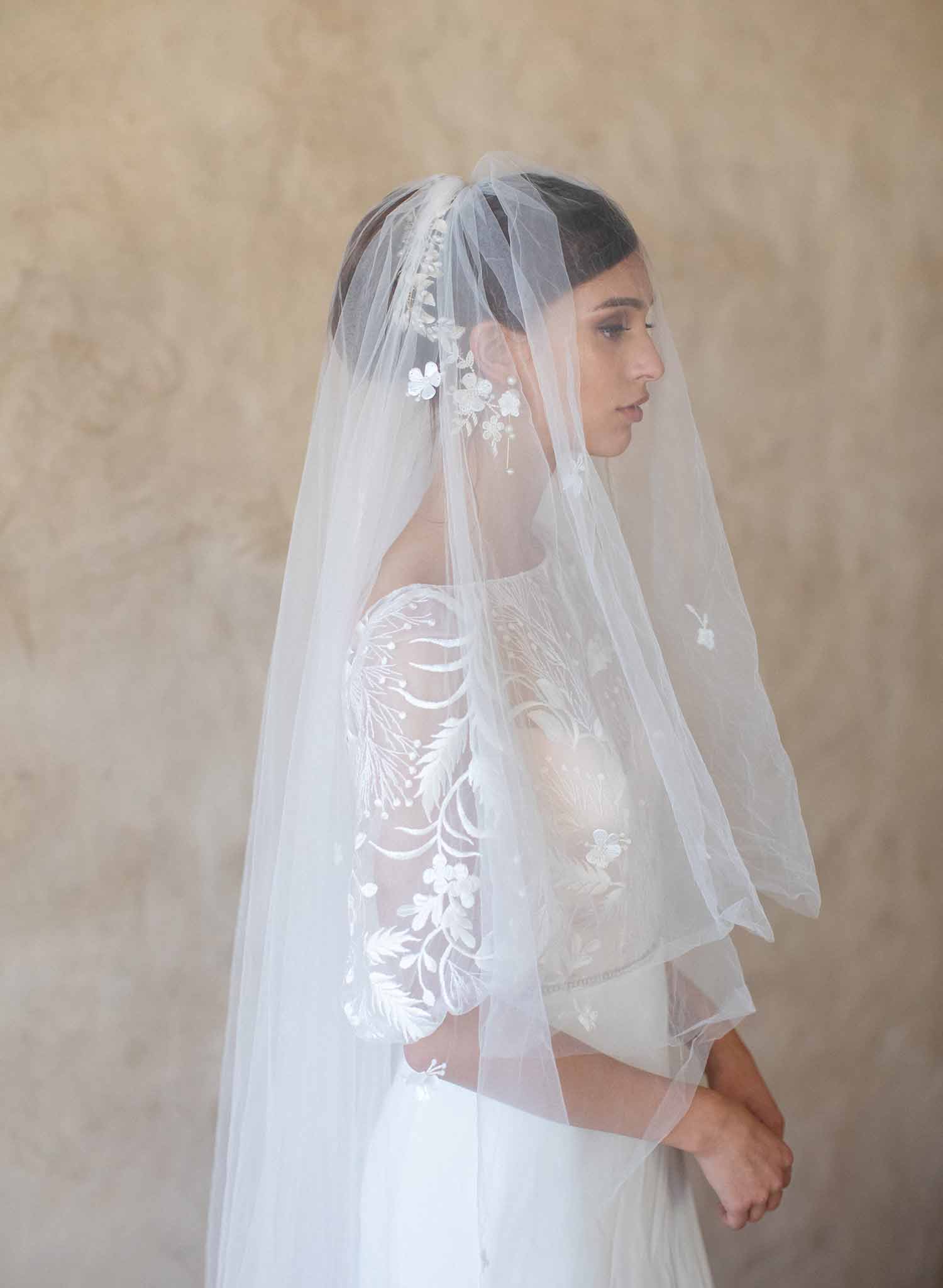 Twigs & Honey Cathedral Train Veil, Bridal Floral Veil - Floral Embroidered Bridal Train Veil, Cathedral - Style #2390