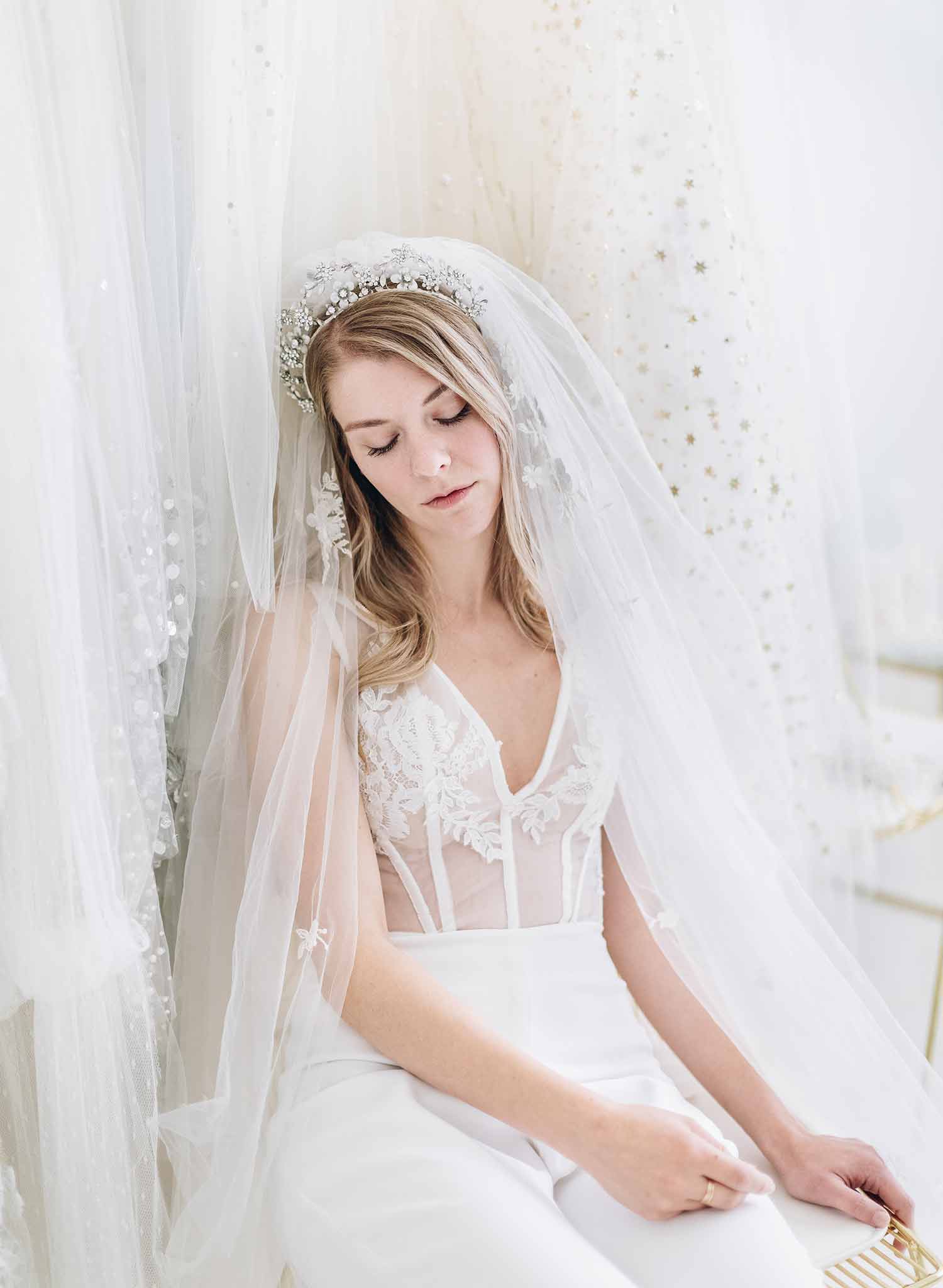 Twigs & Honey Pearl Bridal Veil, Wedding Veil - Pearl Showers Bridal Train Veil - Style #2065