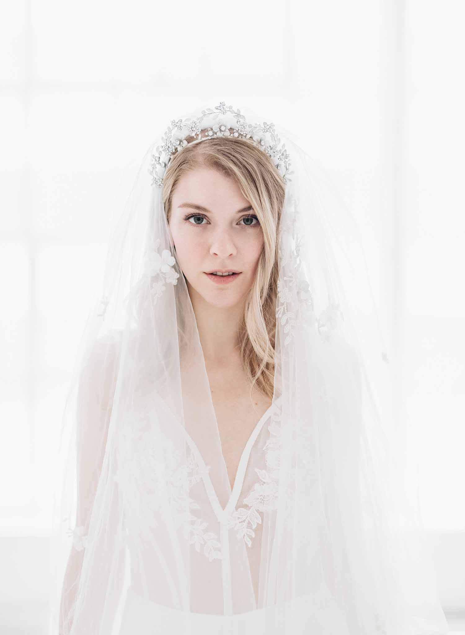 Twigs & Honey Short Bridal Flower Veil with Blusher - Floral Embroidered Short Veil with Blusher - Style #2361