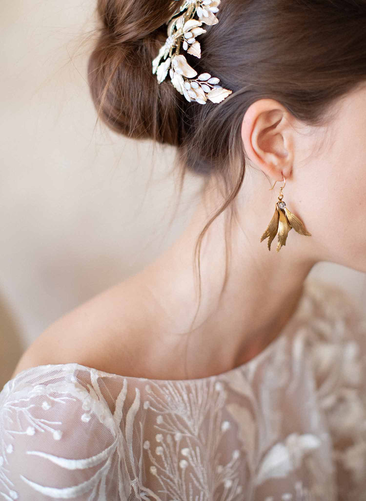 grecian inspired gold drop earrings, bridal, twigs and honey, weddings