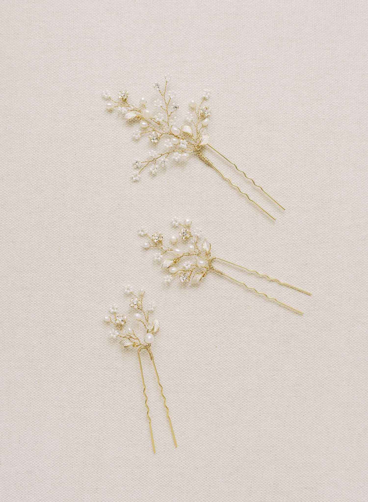 dainty bridal pearl and crystal, blossom, hair pin set by twigs and honey bhldn