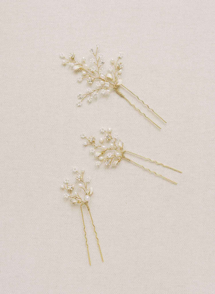 dainty bridal pearl and crystal, blossom, hair pin set by twigs and honey bhldn