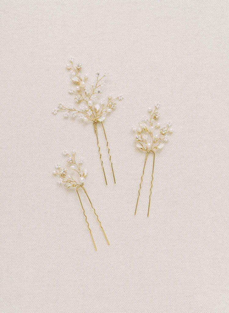 dainty bridal pearl and crystal, blossom, hair pin set by twigs and honey bhldn