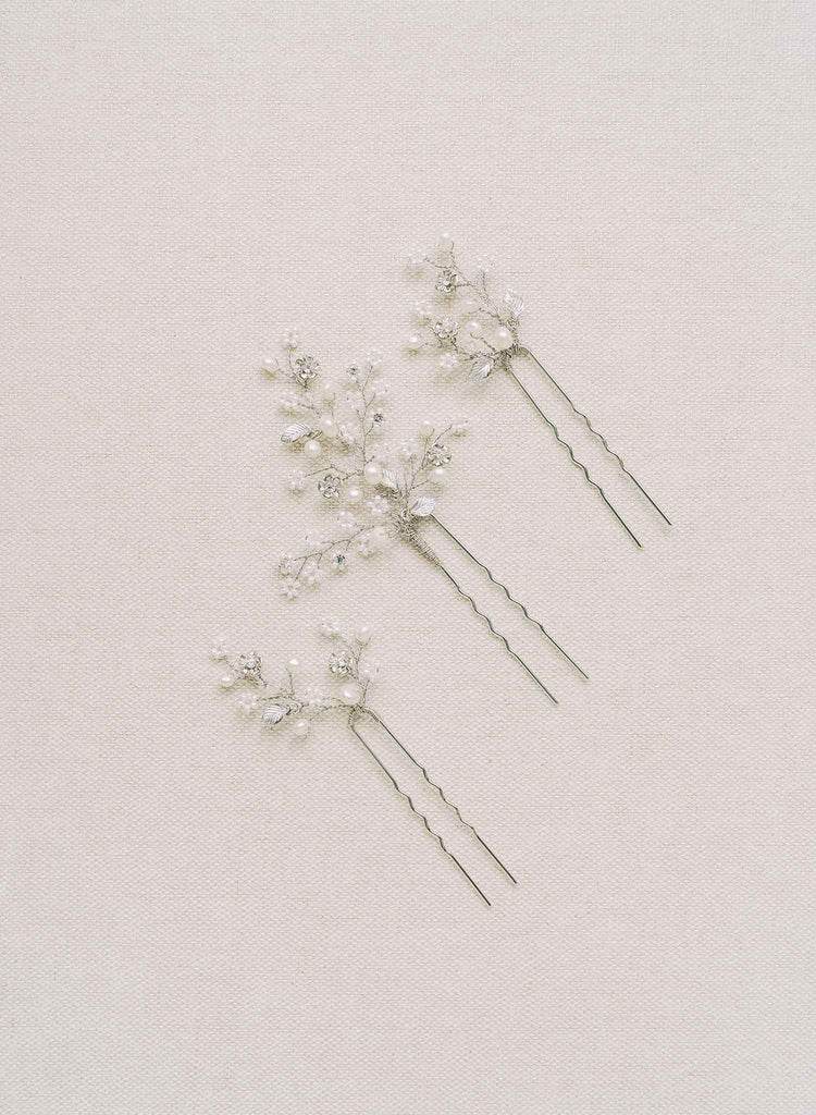 dainty bridal pearl and crystal, blossom, hair pin set by twigs and honey bhldn