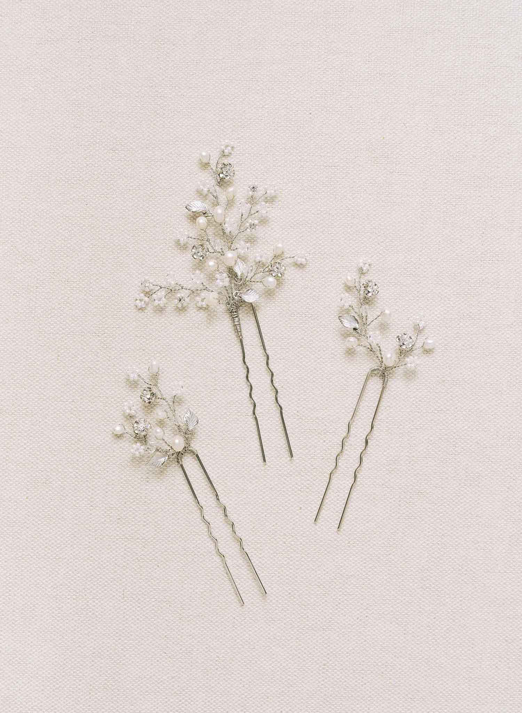 dainty bridal pearl and crystal, blossom, hair pin set by twigs and honey bhldn