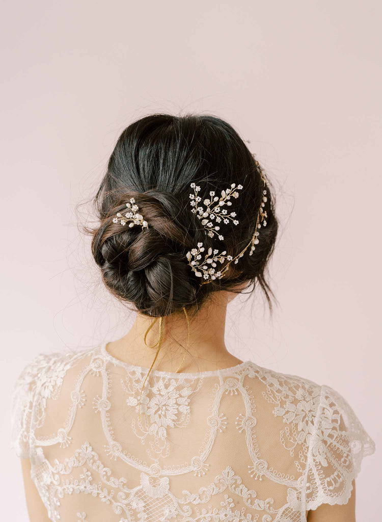 dainty bridal pearl and crystal, blossom, hair pin set by twigs and honey bhldn