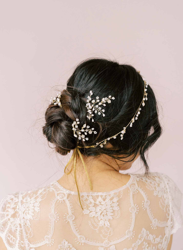 dainty bridal pearl and crystal, blossom, hair pin set by twigs and honey bhldn